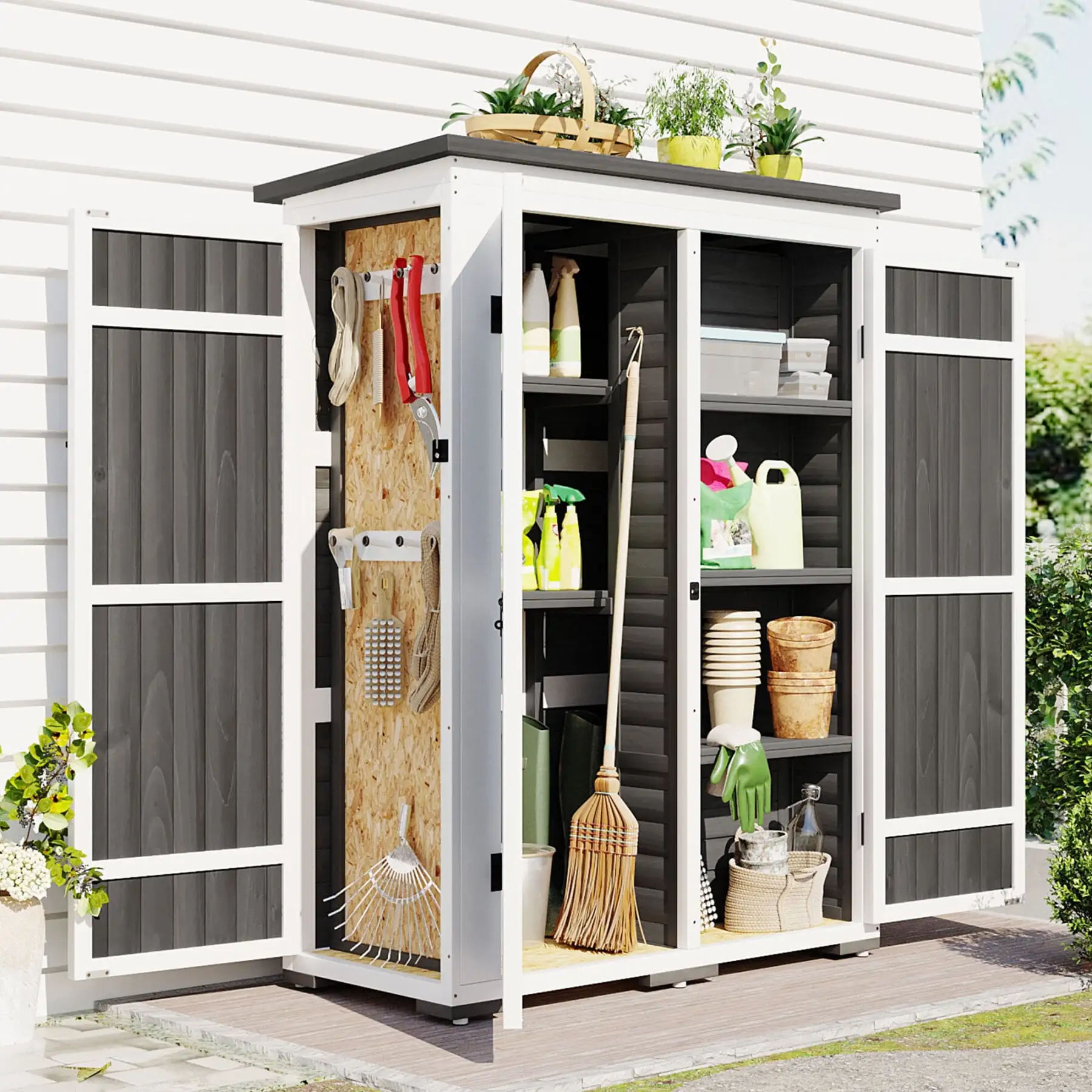 5.5ft Hx4.1ft L Outdoor Garden Storage Shed with Multiple-Tier Shelves. Wood Storage Shed. Garden Tool Cabinet Organizer w/Waterproof Asphalt Roof & Four Lockable Doors for Backyard. Patio. Lawn