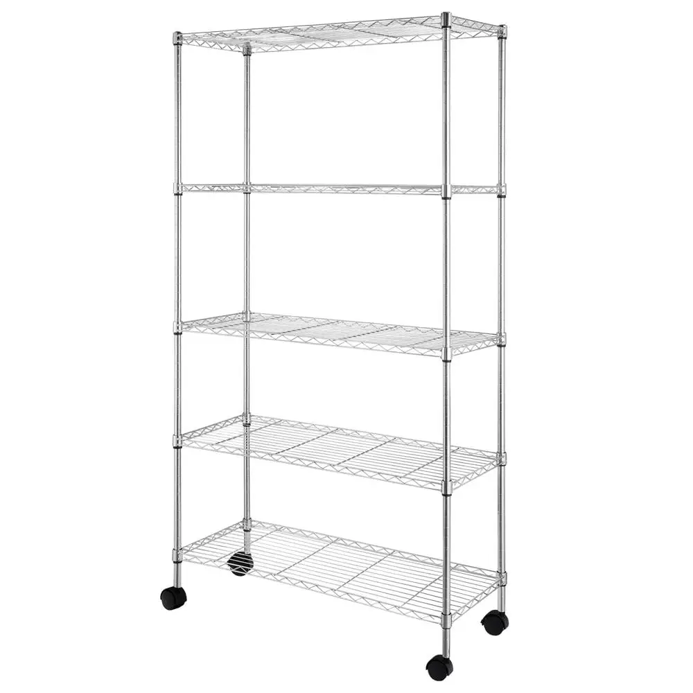 5-Layer Chrome Plated Iron Shelf with Wheels. Wire Shelving Unit Storage with Adjustable Leveling Feet for Laundry Bathroom Kitchen.Steel Organizer Wire Rack