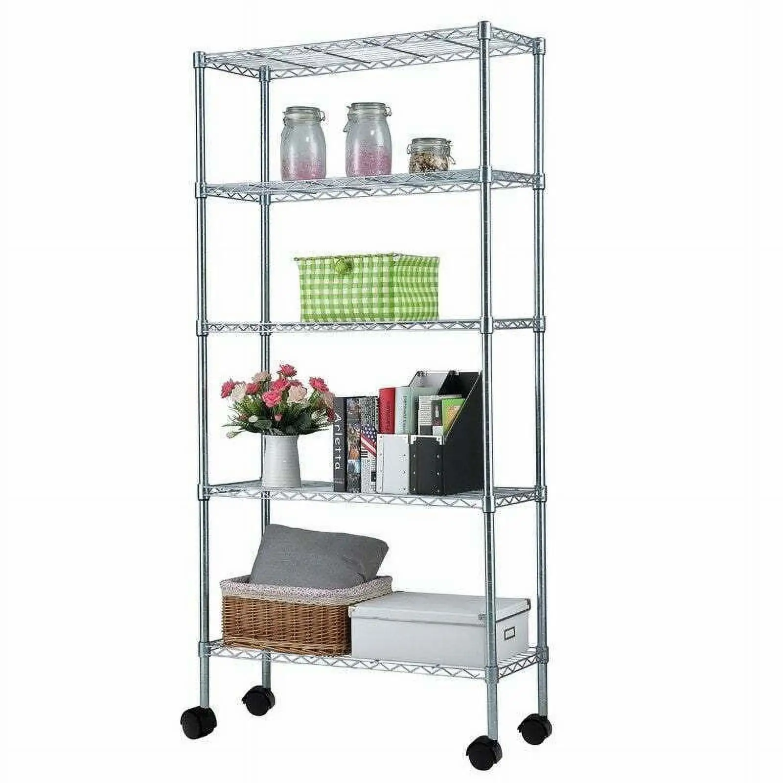 5-Layer Storage Shelves. Heavy Duty Steel Wire Shelving Unit with Wheels. Used as Pantry Shelf. Garage or Bakers Rack Kitchen Shelving - 165*90*35cm