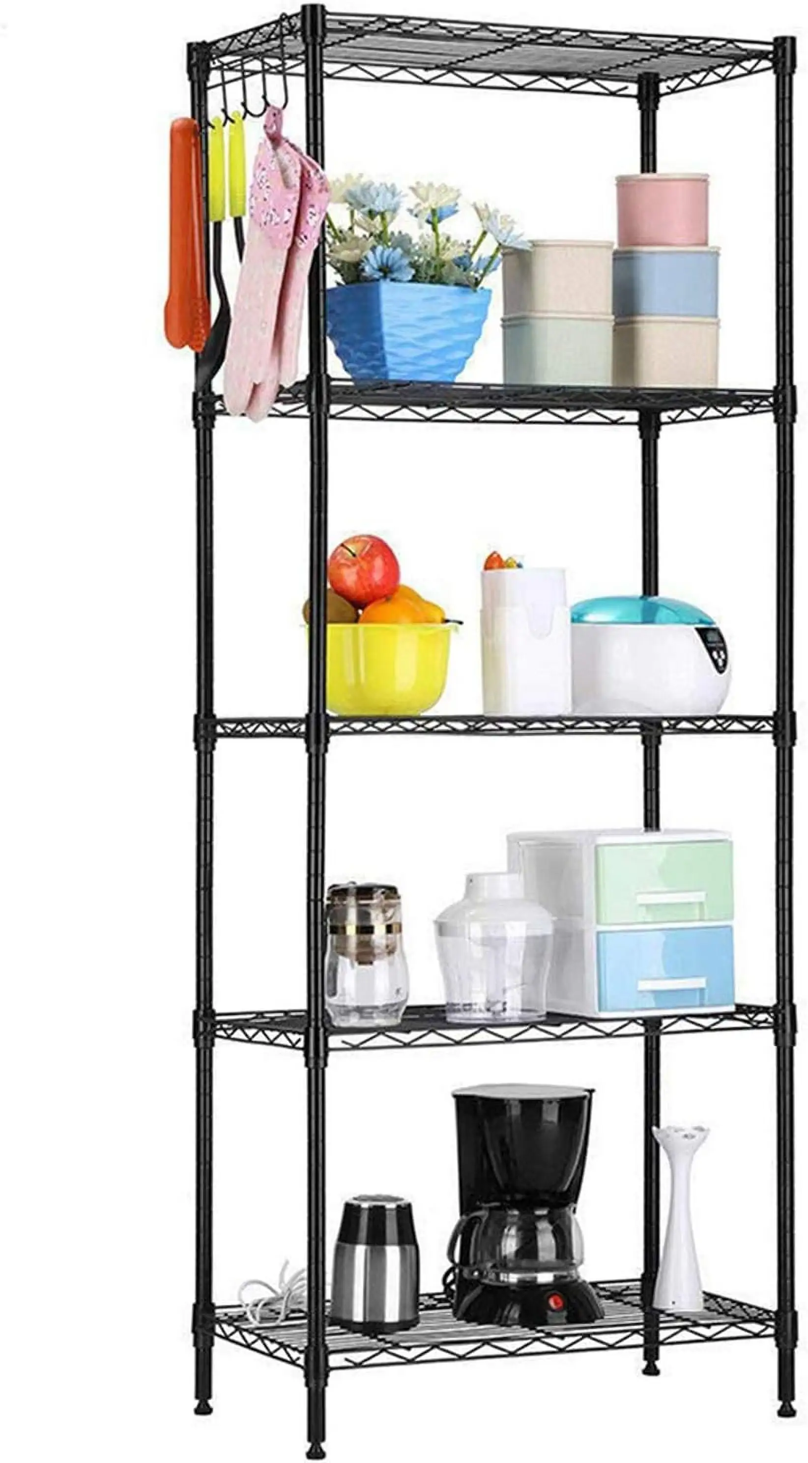 5 Shelf Adjustable Heavy Duty Storage Shelving Unit Changeable Assembly Floor Standing Carbon Steel Storage Organizer Wire Rack Black Perfect for Kitchen Office Garage Balck