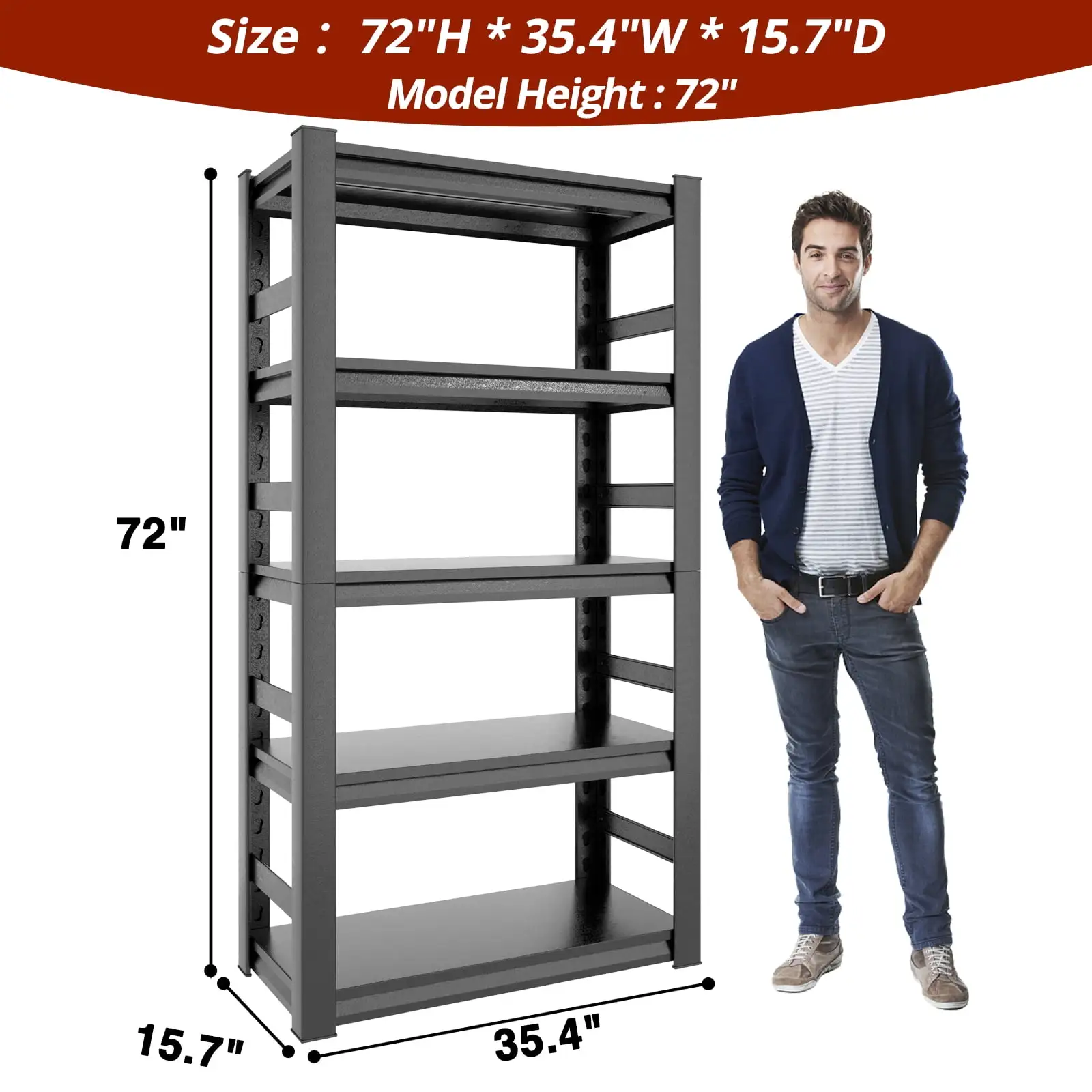 5-Shelf Heavy Duty Metal Storage Rack with Adjustable Dividers for Garage Storage Room Basement. 72 H* 35.4 W* 15.7 D