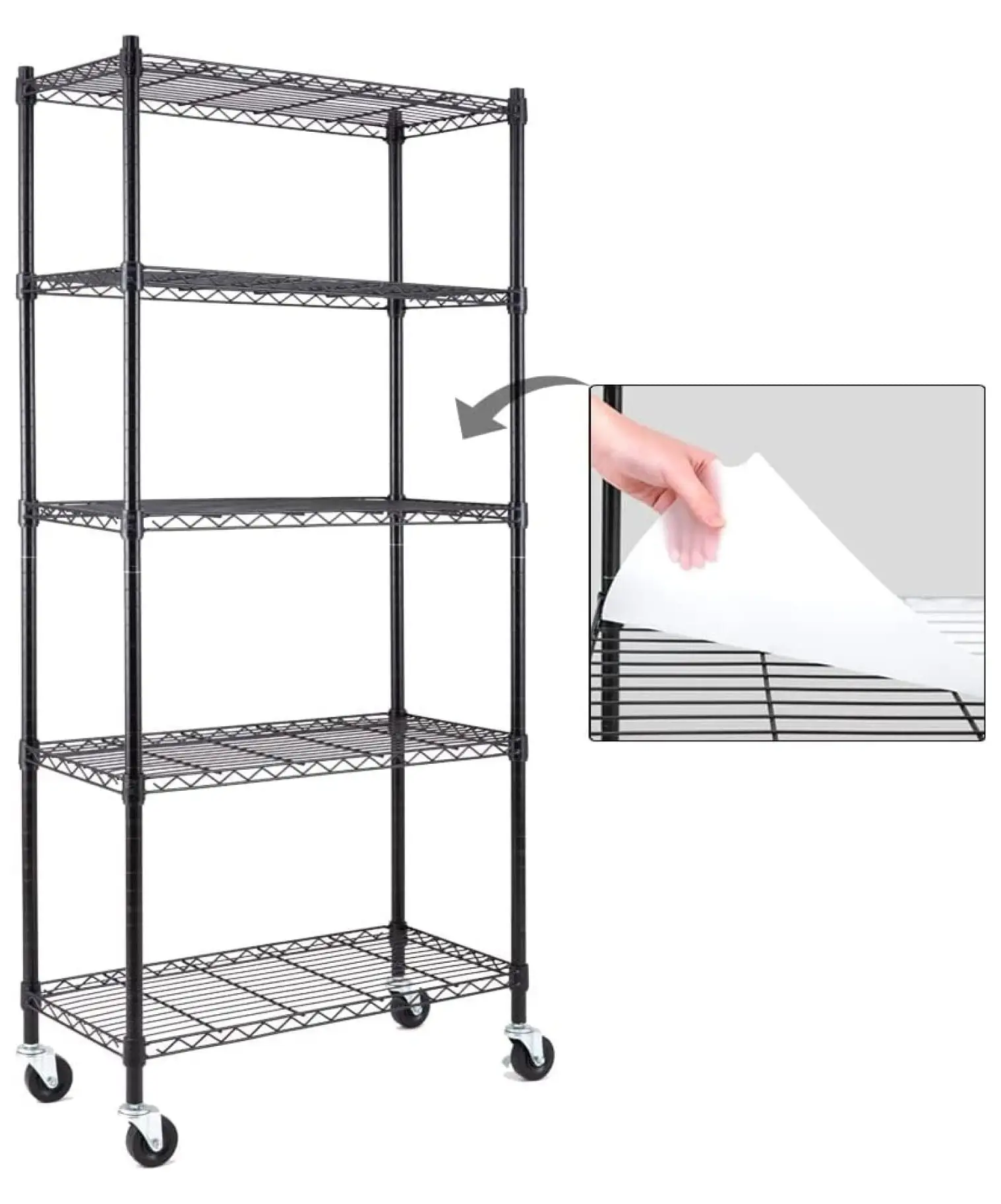 5-Shelf Shelving Units and Storage on 3'' Wheels with Shelf Liners Set of 5. NSF Certified. Adjustable Heavy Duty Carbon Steel Wire Shelving Unit (30W x 14D x 63.7H) Pole Diameter 1 Inch