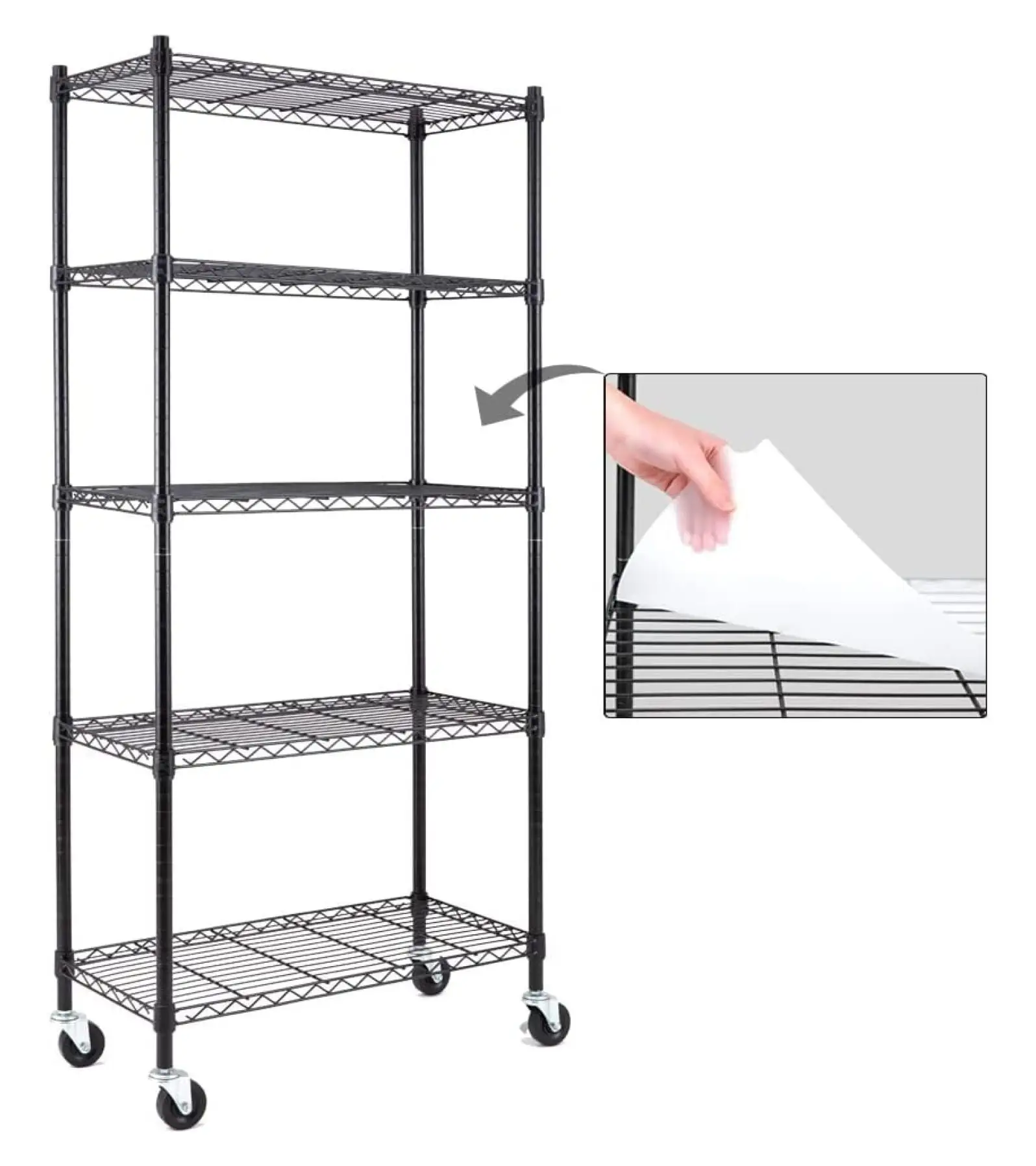 5-Shelf Shelving Units and Storage on 3'' Wheels with Shelf Liners Set of 5. NSF Certified. Adjustable Heavy Duty Carbon Steel Wire Shelving Unit (30W x 14D x 63.7H) Pole Diameter 1 Inch