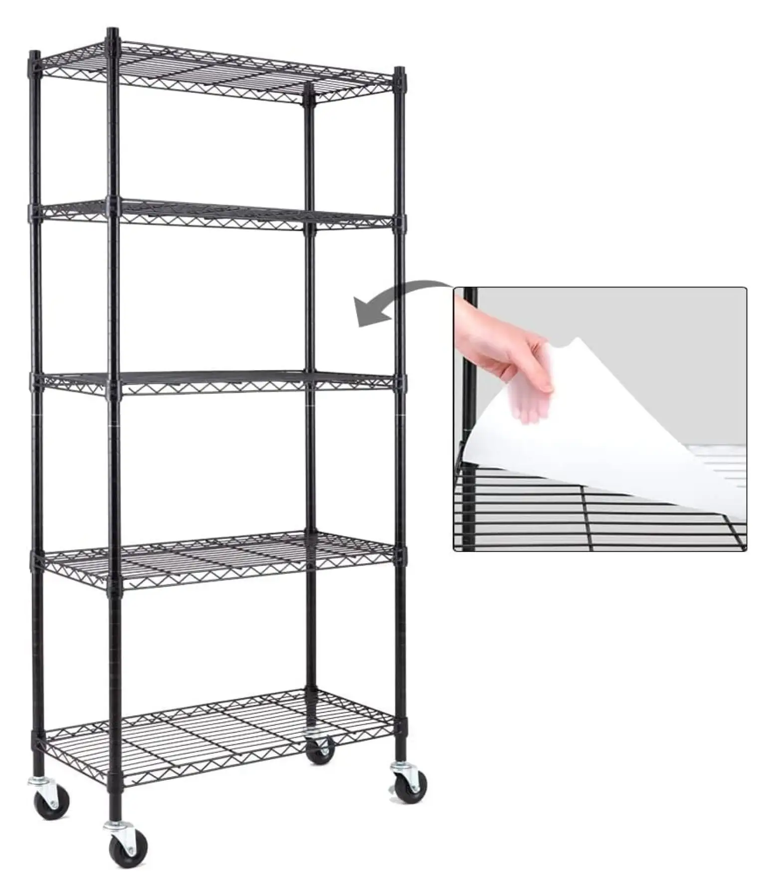 5-Shelf Shelving Units and Storage on 3'' Wheels with Shelf Liners Set of 5. NSF Certified. Adjustable Heavy Duty Carbon Steel Wire Shelving Unit (30W x 14D x 63.7H) Pole Diameter 1 Inch