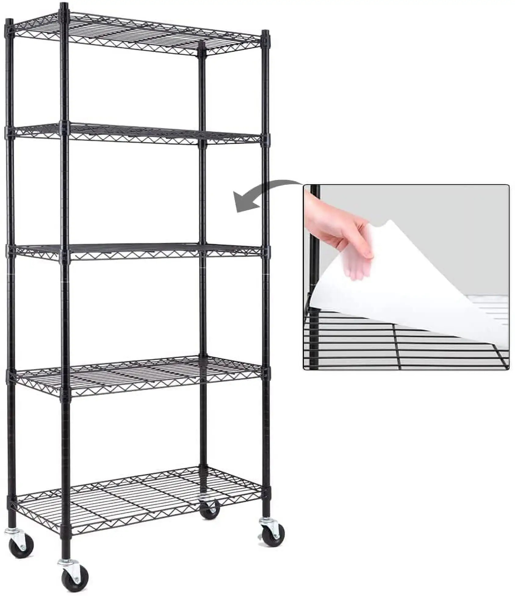 5-Shelf Shelving Units and Storage on 3'' Wheels with Shelf Liners Set of 5. NSF Certified. Adjustable Heavy Duty Carbon Steel Wire Shelving Unit (30W x 14D x 63.7H) Pole Diameter 1 Inch