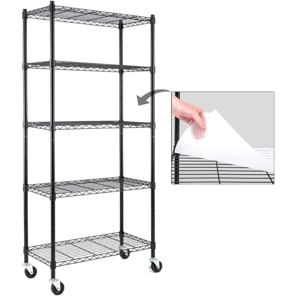 5-Shelf Shelving Units and Storage on 3'' Wheels with Shelf Liners Set of 5. NSF Certified. Adjustable Heavy Duty Carbon Steel Wire Shelving Unit (30W x 14D x 63.7H) Pole Diameter 1 Inch