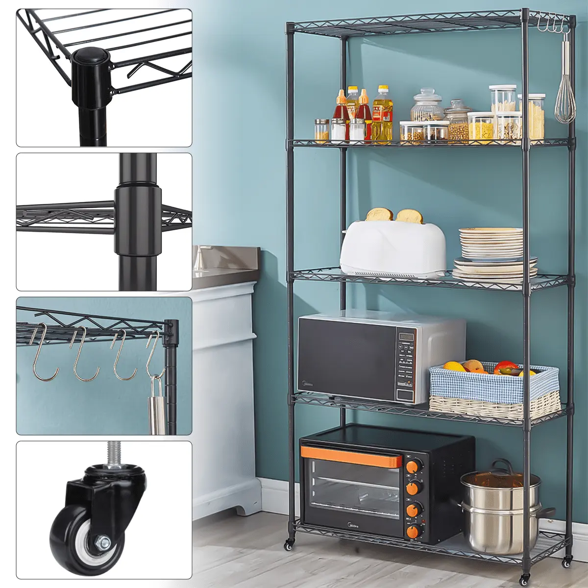 5 Tier Adjustable Storage Rack.60x21x12Wire Shelving Steel Storage Rack Organizer with 4 Hooks.360??Rotating Wheels.Steel Utility Storage Shelf Organization for Kitchen/Garage/Bathroom/Pantry