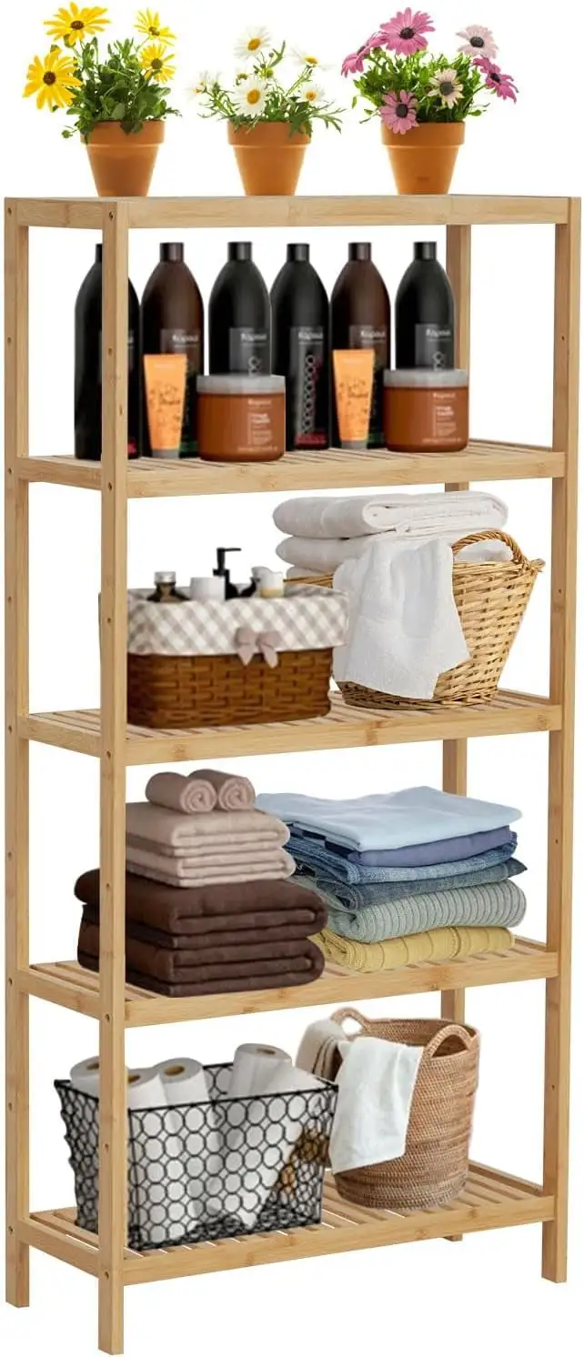 5-Tier Bamboo Bathroom Shelf. Stand Utility Storage Shelf Free Standing Multifunctional Storage Rack Organizer (5 Tier)