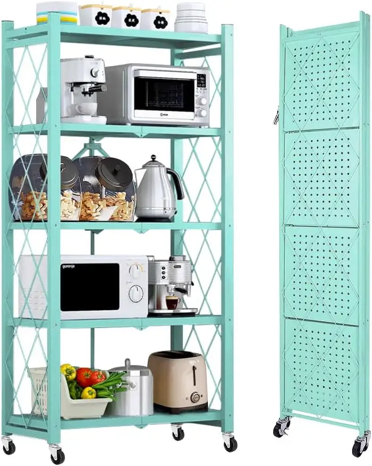 5-Tier Foldable Metal Storage Shelving Unit with Wheels and Hooks - Heavy Duty Garage. Kitchen. or Closet Organizer - 27.9x13.4x62.5 - No Assembly Required (Blue)