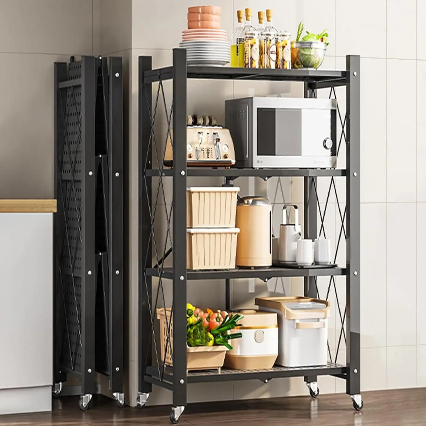 5-Tier Foldable Storage Shelf with Wheels. Heavy-Duty Metal Iron Shelving Unit Display. Rolling Cart for for Kitchen and Garage. Holds up to 385LBS. Black