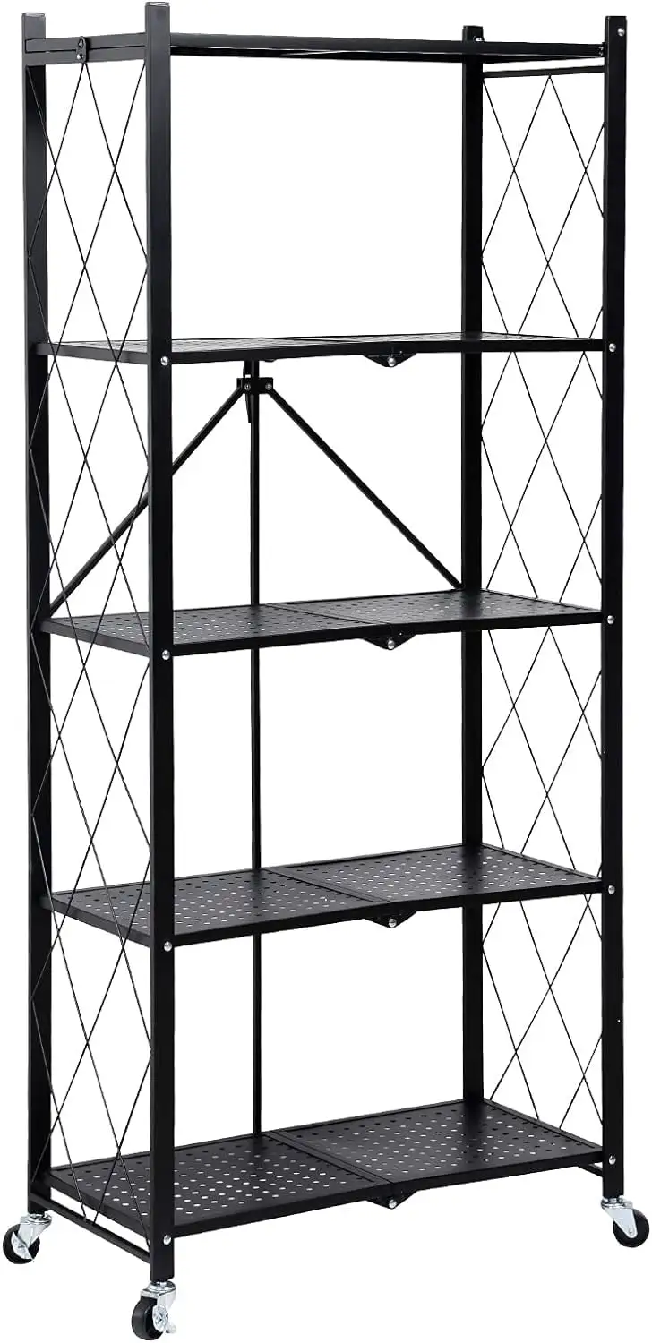 5-Tier Heavy Duty Foldable Metal Rack Storage Shelving Unit with Wheels Moving Easily Organizer Shelves Great for Garage Kitchen Holds up to 1250 lbs Capacity. Black