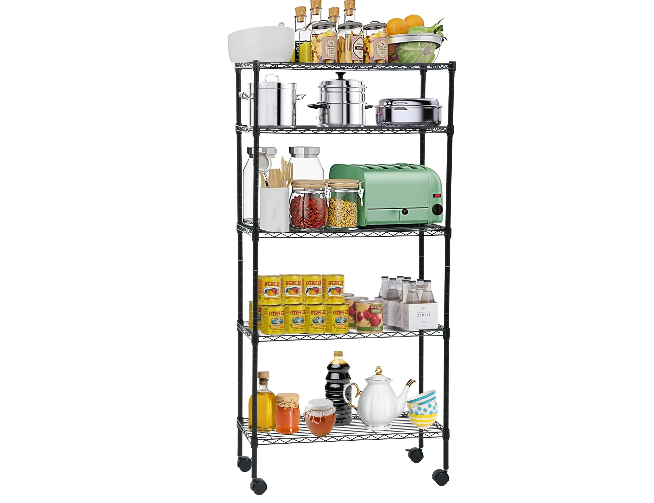 5 Tier Metal Wire Shelving Unit with Wheels. Large Adjustable NSF Certified Storage Rack Shelves 1100 LBS Weight Capacity Standing Heavy Duty Shelf Organizer for Bakers Kitchen Laundry Pantry