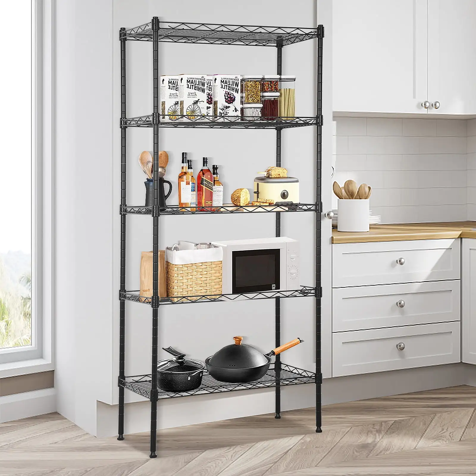 5-Tier Shelf Metal Storage Rack Shelving Unit Adjustable Wire Shelving Unit Organizer Standing Shelf Units for Kitchen. Garage. Bathroom. Strong Steel Shelf with Leveling Feet. Black