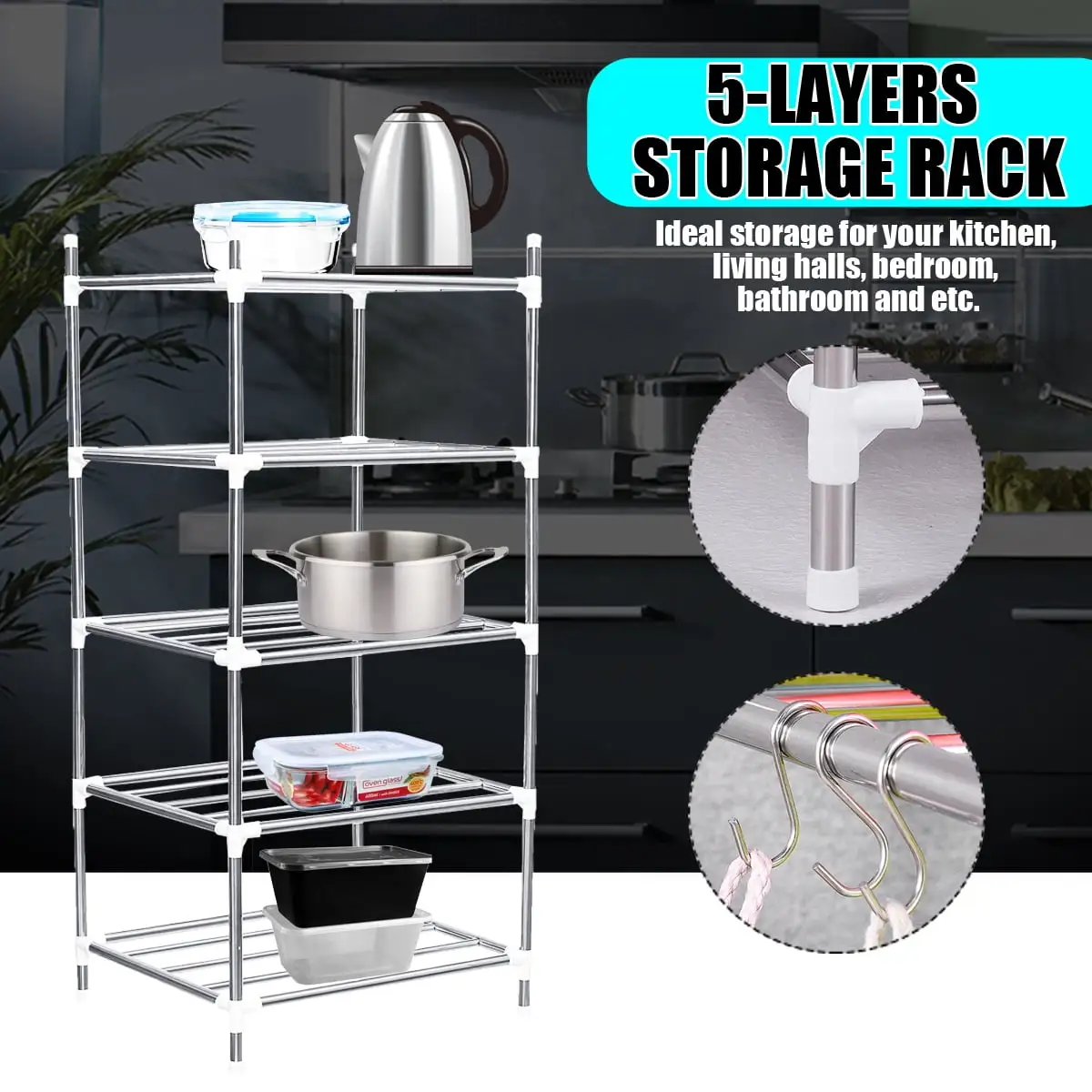 5 Tier Shelving Storage Shelves Rack with 4 Hooks. Heavy Duty Steel Kitchen Shelf Garage Pantry Closet Storage Wire Racks Shelving Unit. Silver