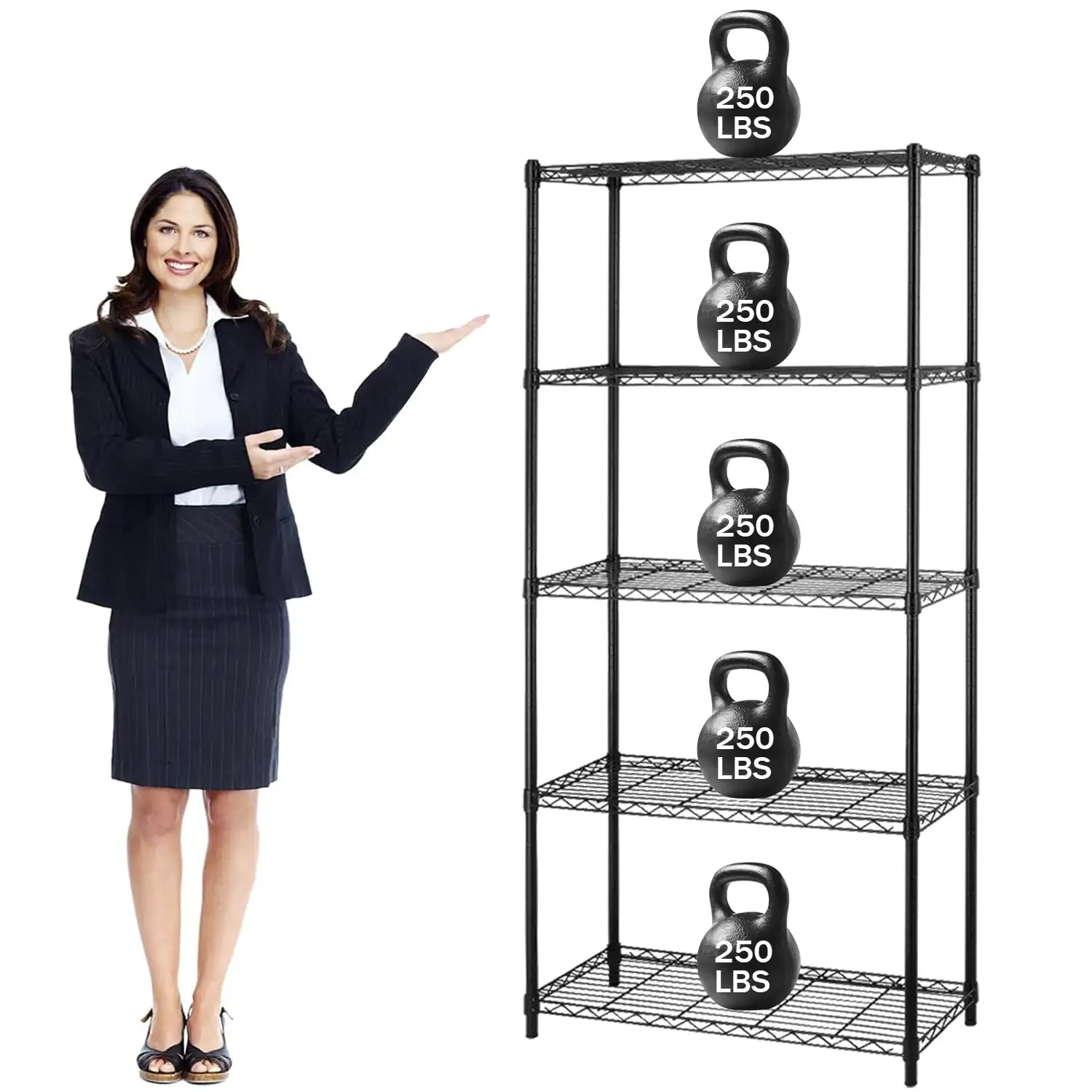 5 Tier Storage Shelves. 1250 Lbs Capacity Heavy Duty Wire Shelving Unit. NSF Metal Shelf. Adjustable Storage Rack for Garage Pantry Kitchen Office Laundry- 14 D X 36 L X72 H. Black