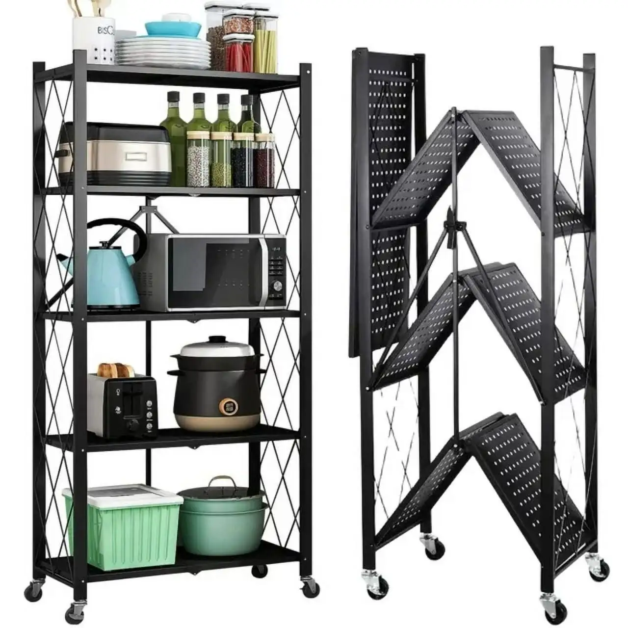 5 Tier Storage Shelves with Wheels 27.9''x 13.4'' x 62.5'' Collapsible Kitchen Rolling Cart. Metal Garage Shelving. Foldable Shelf with Wheels.Storage Rack on Wheel. Foldable Shelf Unit