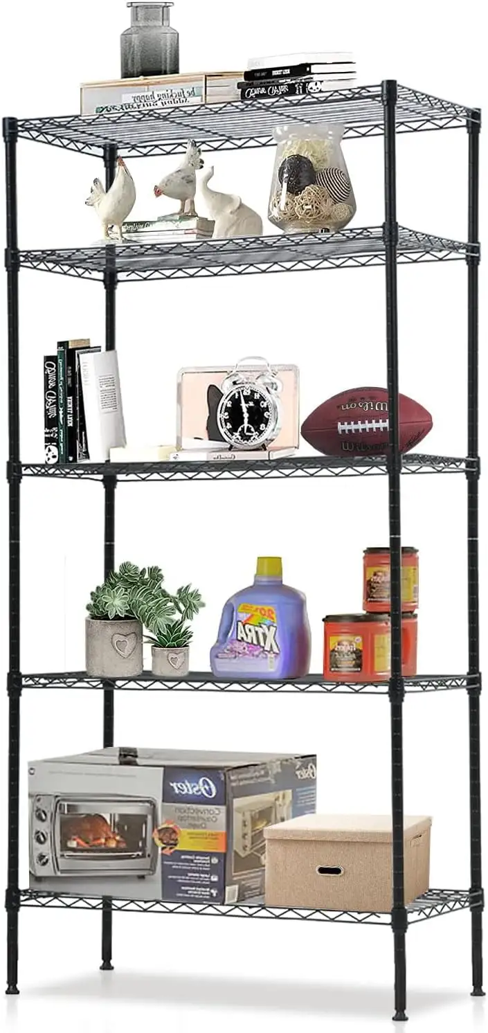 5-Tier Wire Shelving Metal Utility Steel Storage Shelves for Garage Kitchen Living Room 24 L X 14 W X 60 H Shelf Unit Organizer Rack. Black