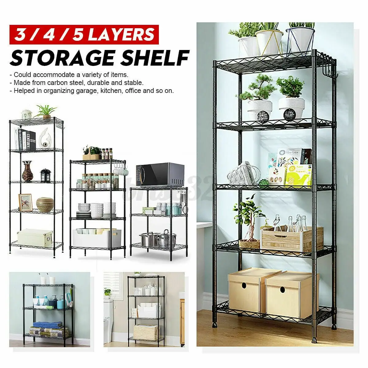 5-Tier Wire Shelving Unit Adjustable Metal Shelf Rack Kitchen Storage Organizer