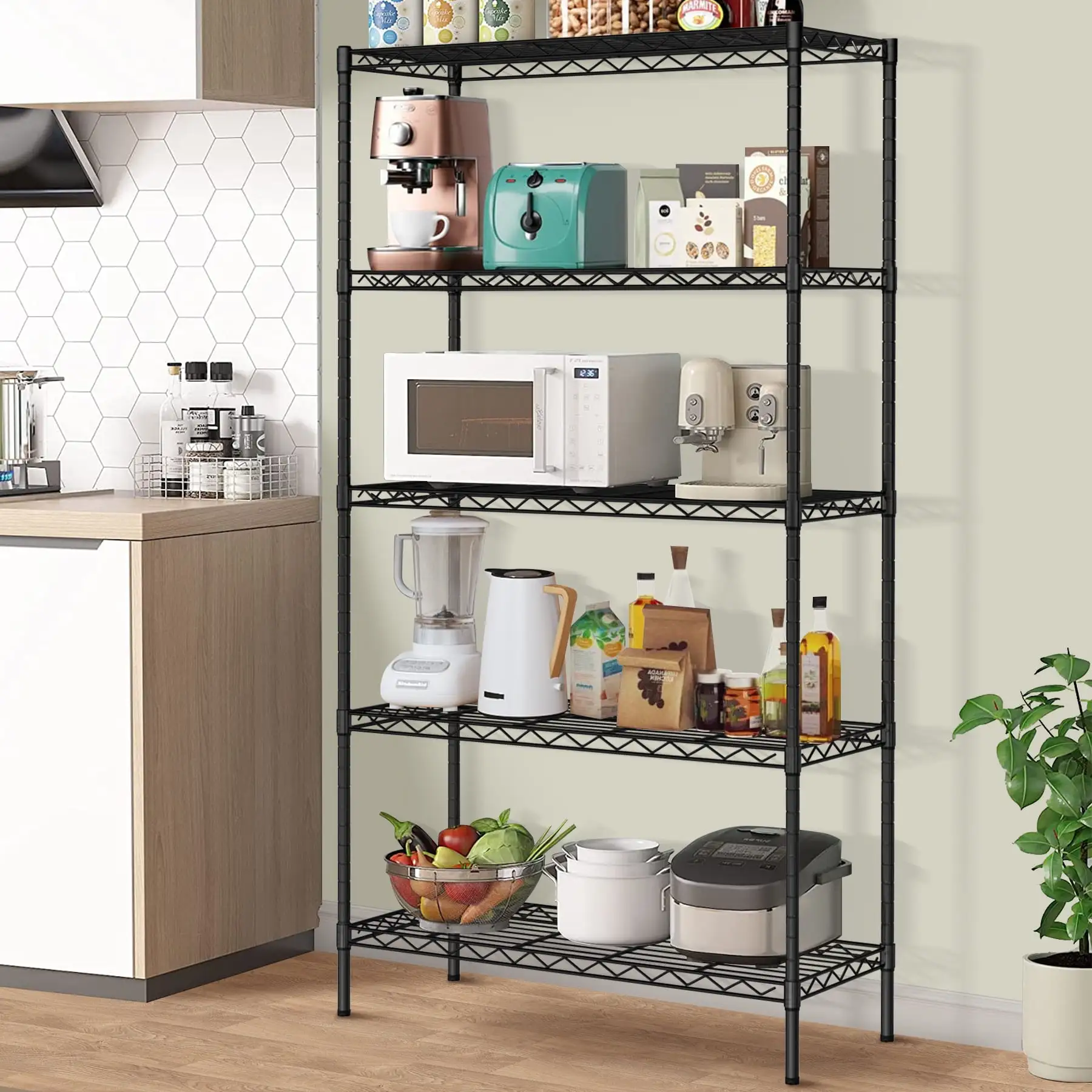 5-Tier Wire Shelving Unit Adjustable Metal Storage Shelving Commercial Storage Shelves Heavy-Duty Metal Storage Rack for Warehouse. Pantry. Basement. Restaurant. Garage. Kitchen. Black