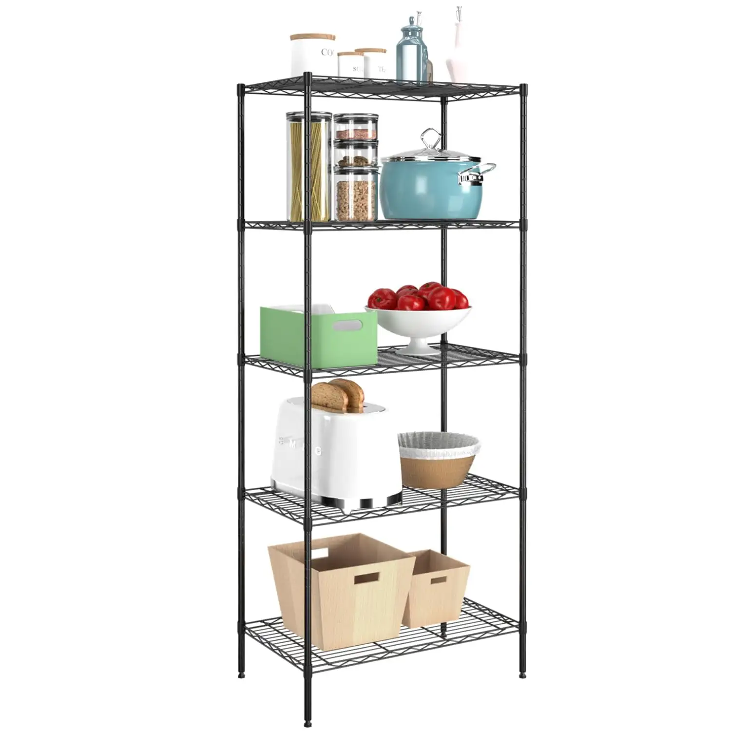 5-Tier Wire Shelving Unit Metal Shelf Adjustable Storage Shelves Shelving Unit Without wheels for Restaurant Garage Pantry Kitchen Garage. Black