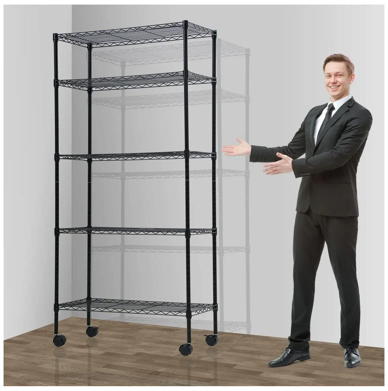 5 Tier Wire Shelving Unit Storage Metal Shelf Standing Shelf Units NSF Heavy Duty Height Adjustable Garage Shelving 14 W x 30 L x 60 H with Wheels Large Shelving Black