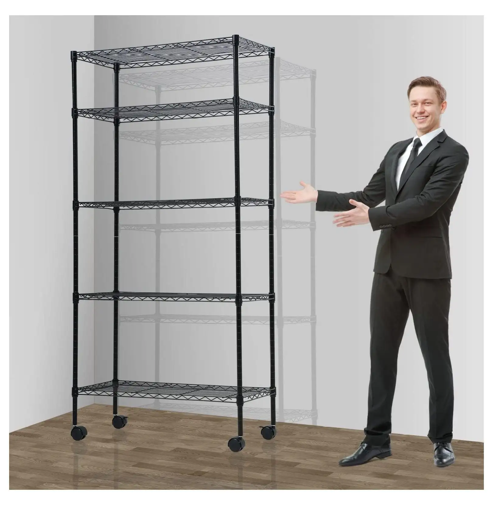 5 Tier Wire Shelving Unit Storage Metal Shelf Standing Shelf Units NSF Heavy Duty Height Adjustable Garage Shelving 14 W x 30 L x 60 H with Wheels Large Shelving. Black