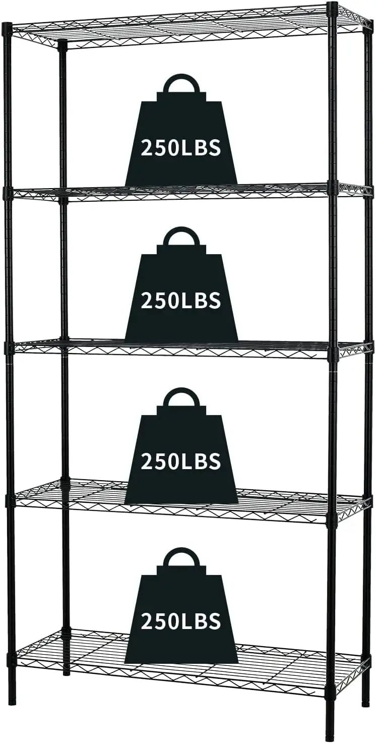 5-Tier Wire Shelving Unit Storage Shelves Metal Shelves Heavy Duty Metal Storage Rack Nsf Height Adjustable For Home Kitchen Bathroom Garage Pantry Organization(Black)