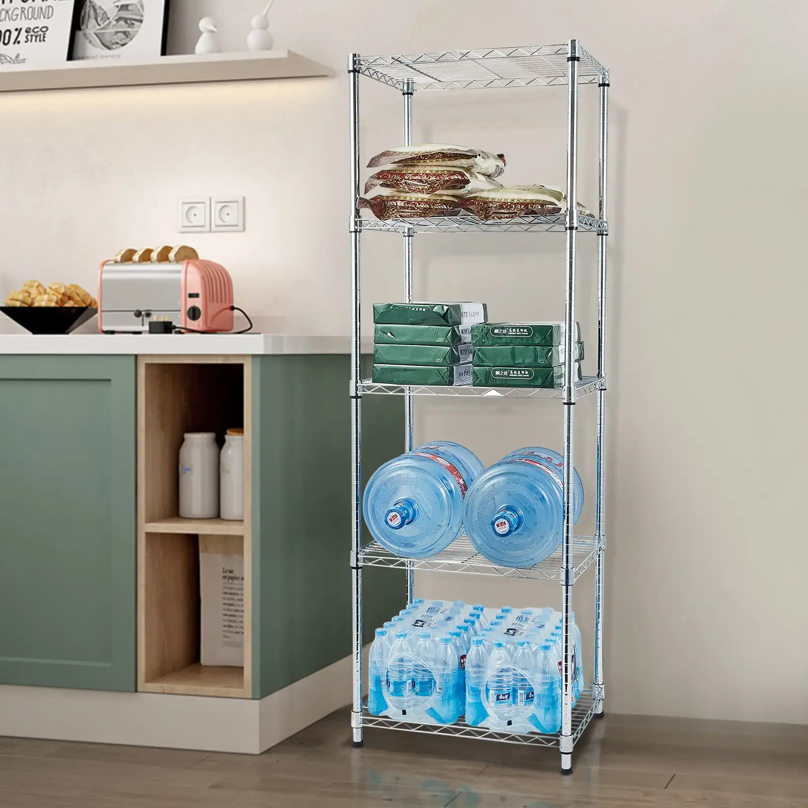 5 Wire Shelves For Storage. MDHAND Adjustable Metal Shelves .Closet Shelving For Kitchen/ Pantry/ Garage/Warehouse/Wardrobe. 21.65L X 17.72W X 70.87H. Chrome. HD79