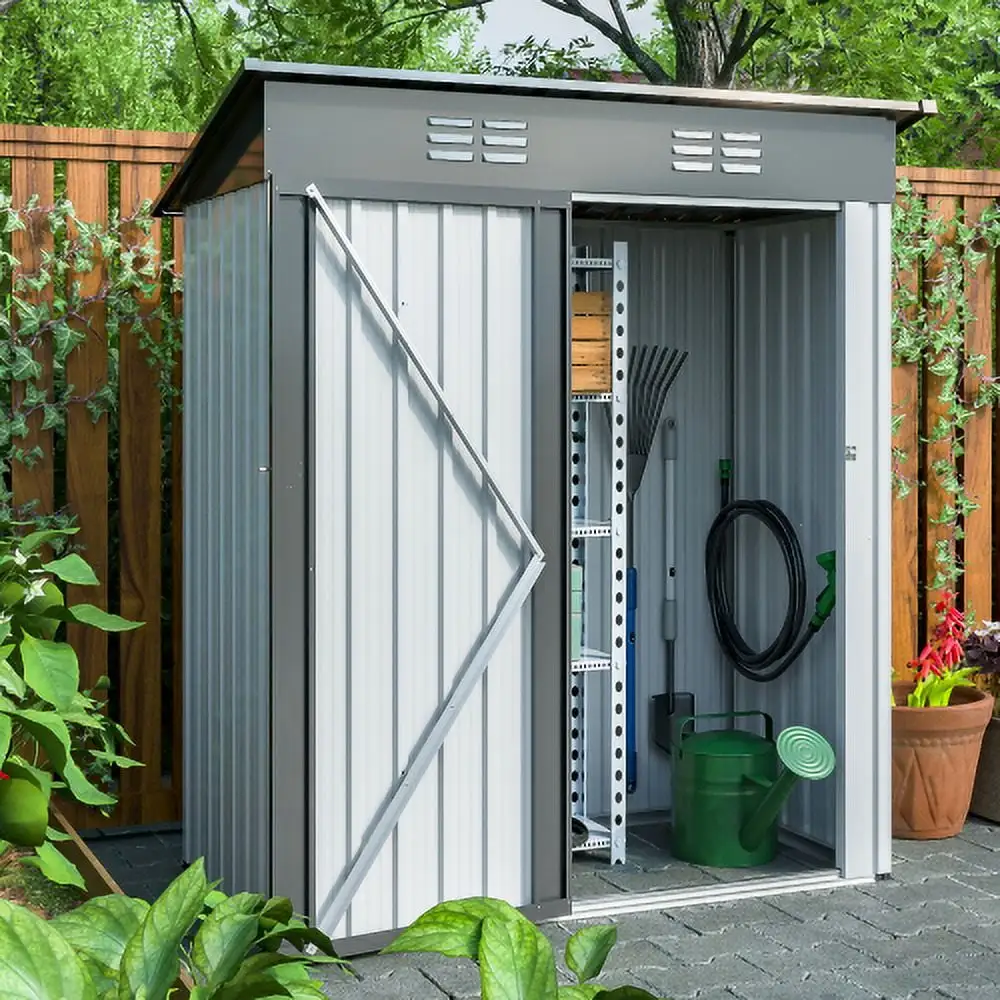 5 X 3 Ft Outdoor Storage Shed. Galvanized Metal Garden Shed With Lockable Doors. Tool Storage Shed For Patio Lawn Backyard Trash Cans