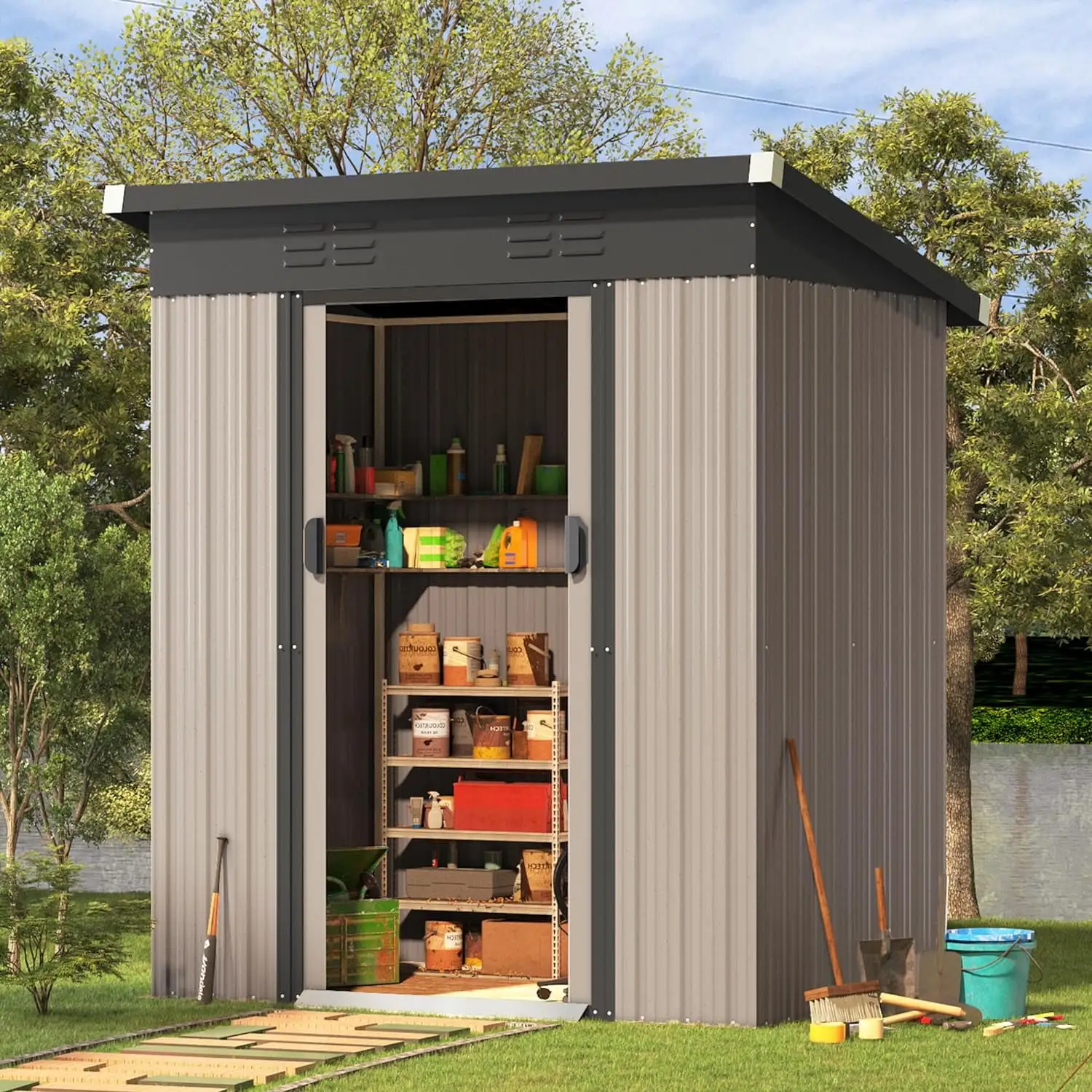 5 X 3 Ft Shed. Small Outdoor Storage Tool Shed (Sliding Door). Metal Garden Shed For Yard. Outdoor Storage Clearance In Grey