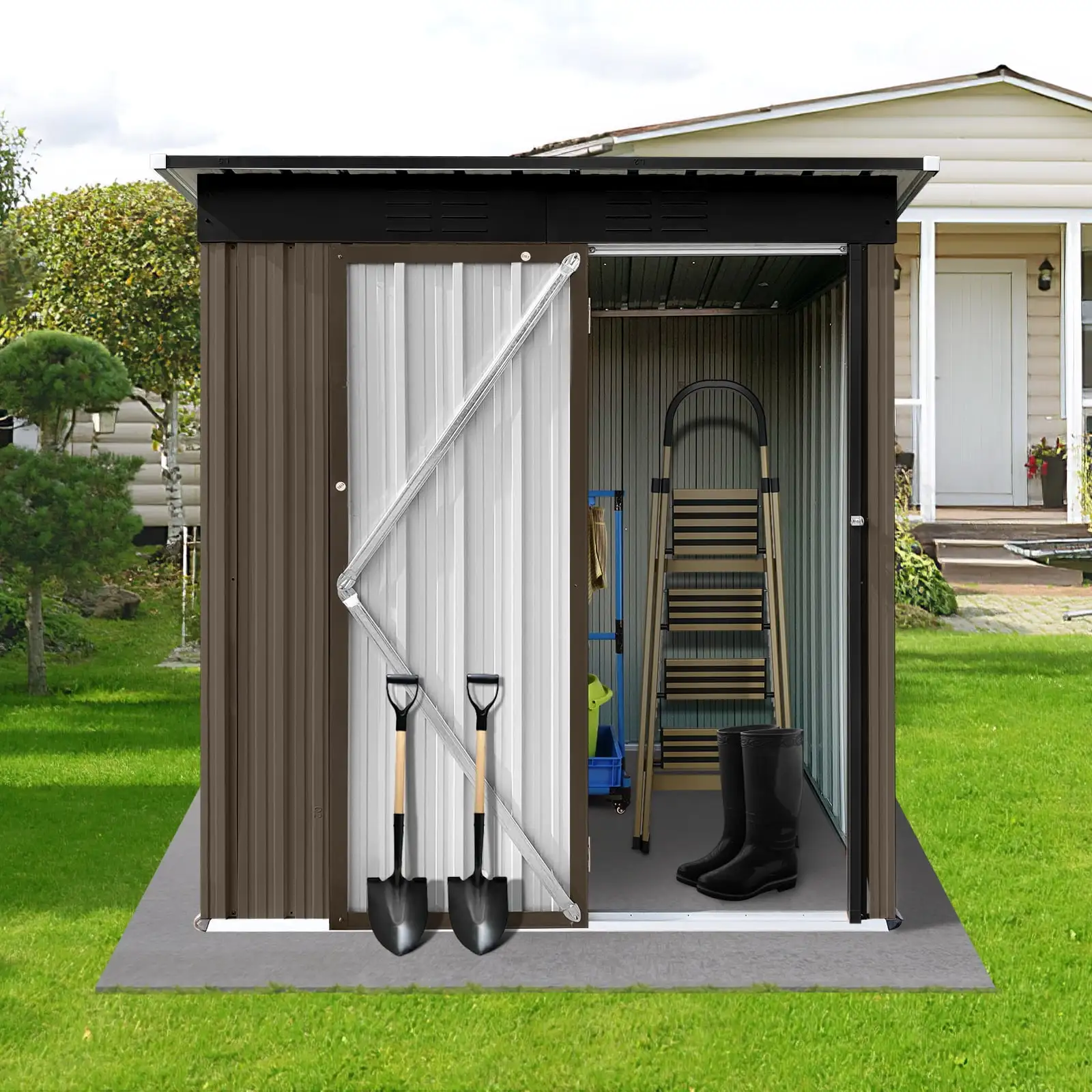 5 X 4 FT Metal Outdoor Storage Shed. Lockable Garden Tool Sheds with Pitched Roof and Shutter Vents. Practical Weatherproof Tool House for Backyard Lawn. Brown