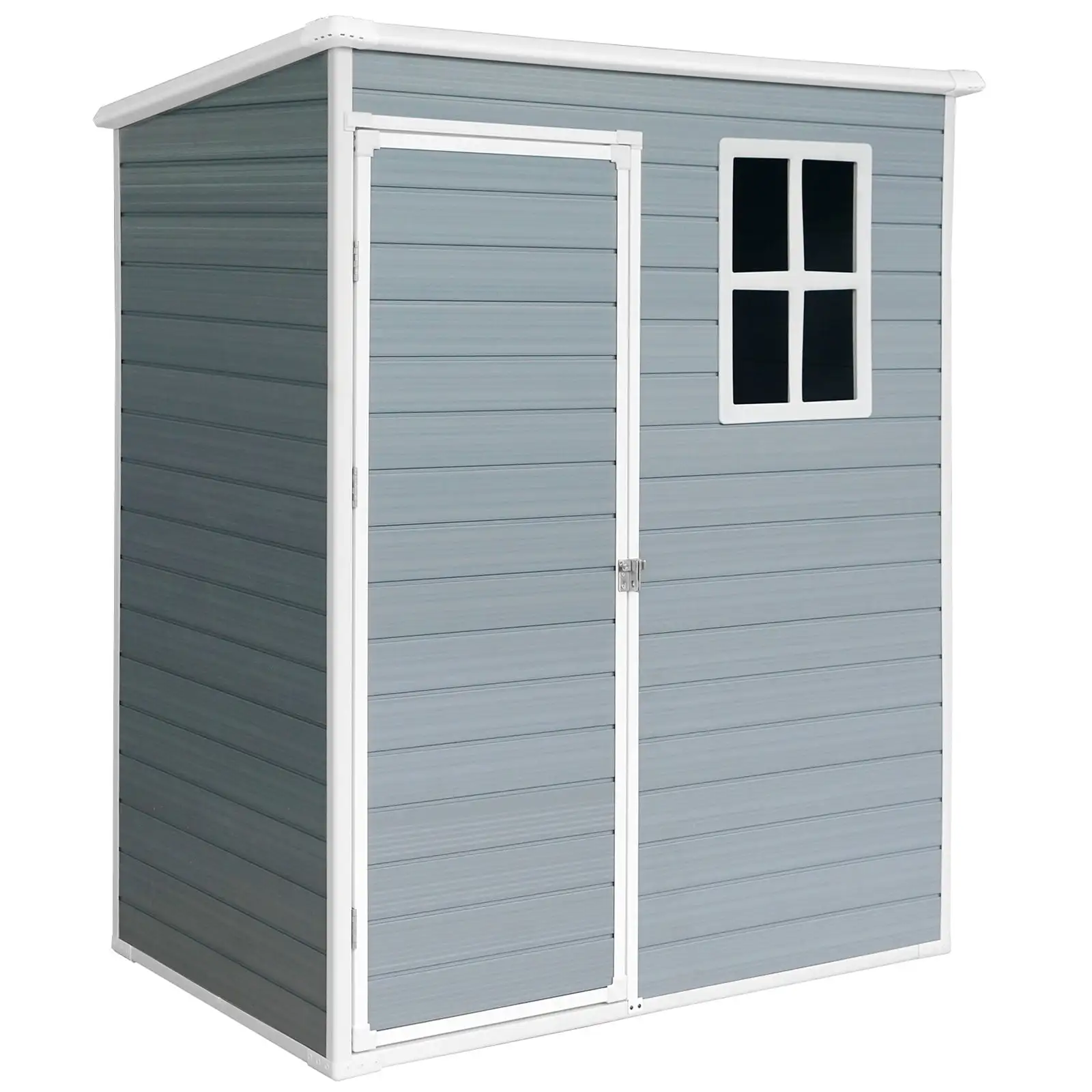 5 x 3 FT Resin Outdoor Storage Shed with Floor. All-Weather Plastic Shed with Window and Lockable Door. Resin Backyard Garden Storage Shed for Tools. Patio Furniture. Pool Accessories