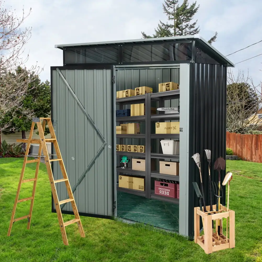 5' x 3' Steel Outdoor Storage Shed. Utility Waterproof Garden Shed with Padlockable Hinged Door. Sloping Roof Anti-Corrosion Tool Shed Storage House for Backyard. Garden. Patio. Lawn