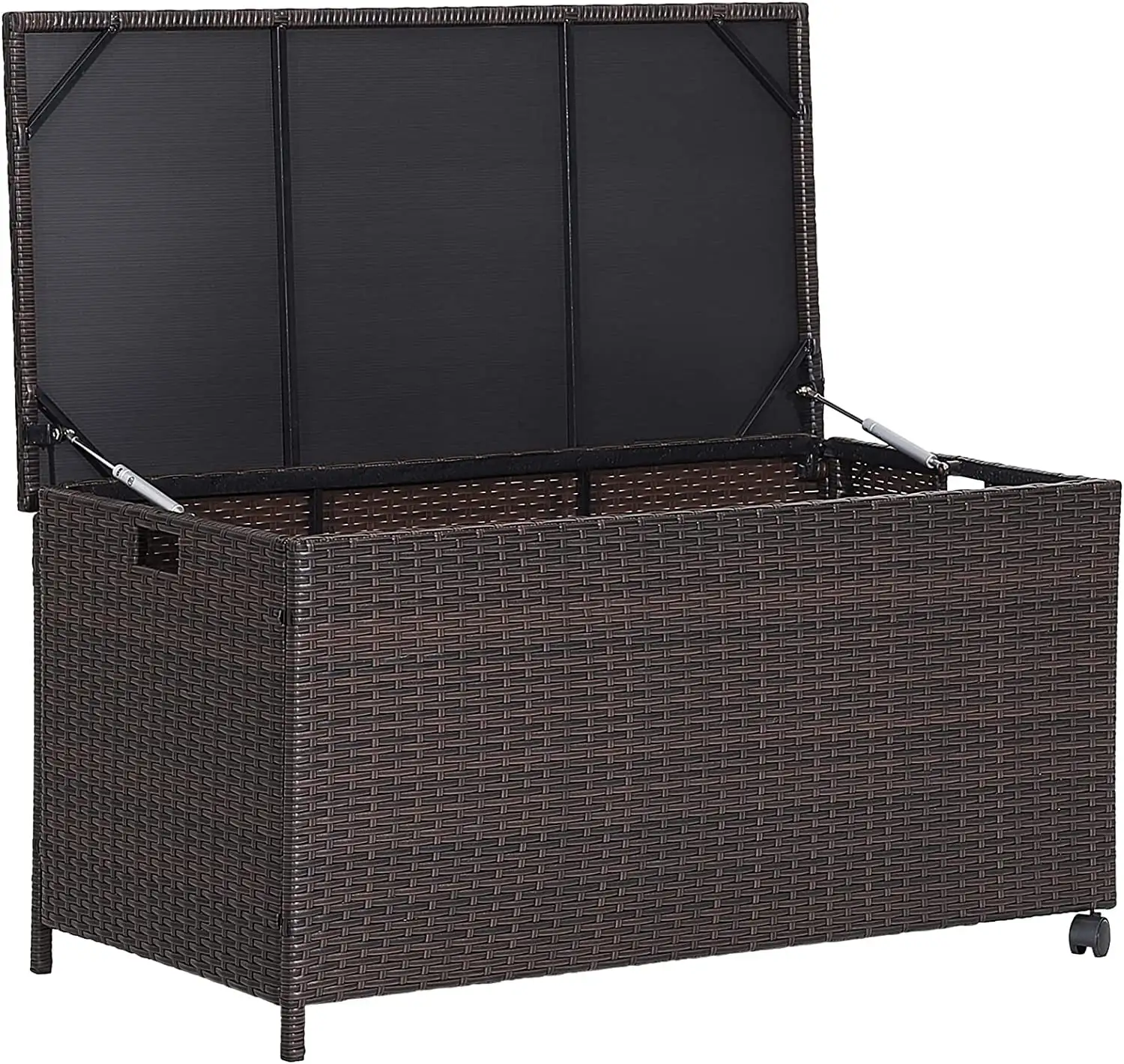 50 Gallon PE Rattan Storage Container with Lid. Waterproof Liner. Universal Wheels. Deck Storage for Pillows. Cushions. Gardening Tools. Mix Brown