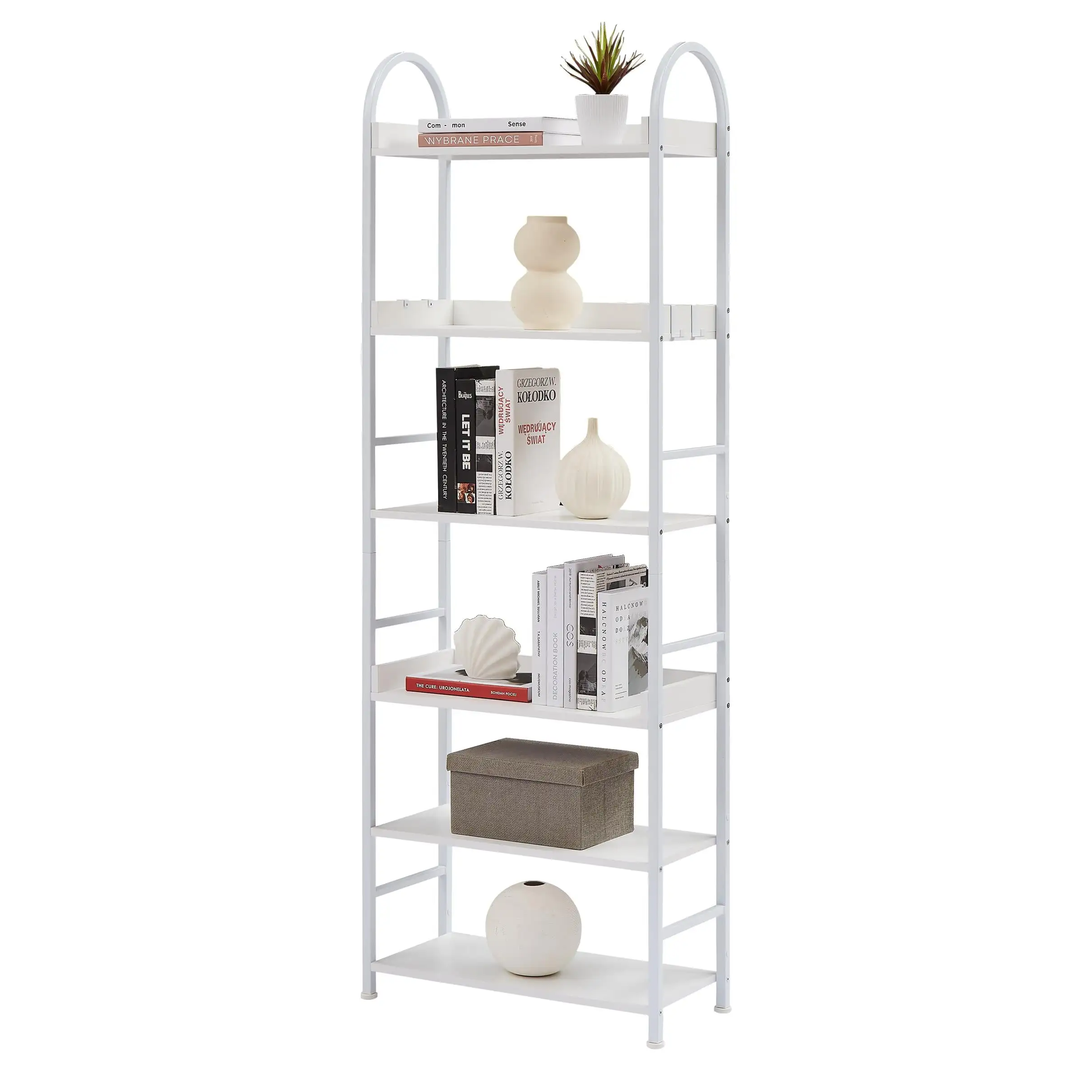 BaytoCare 70.8 Inch Tall Bookshelf. 6-tier Shelves with Round Top Frame. MDF Boards. Adjustable Foot Pads. White