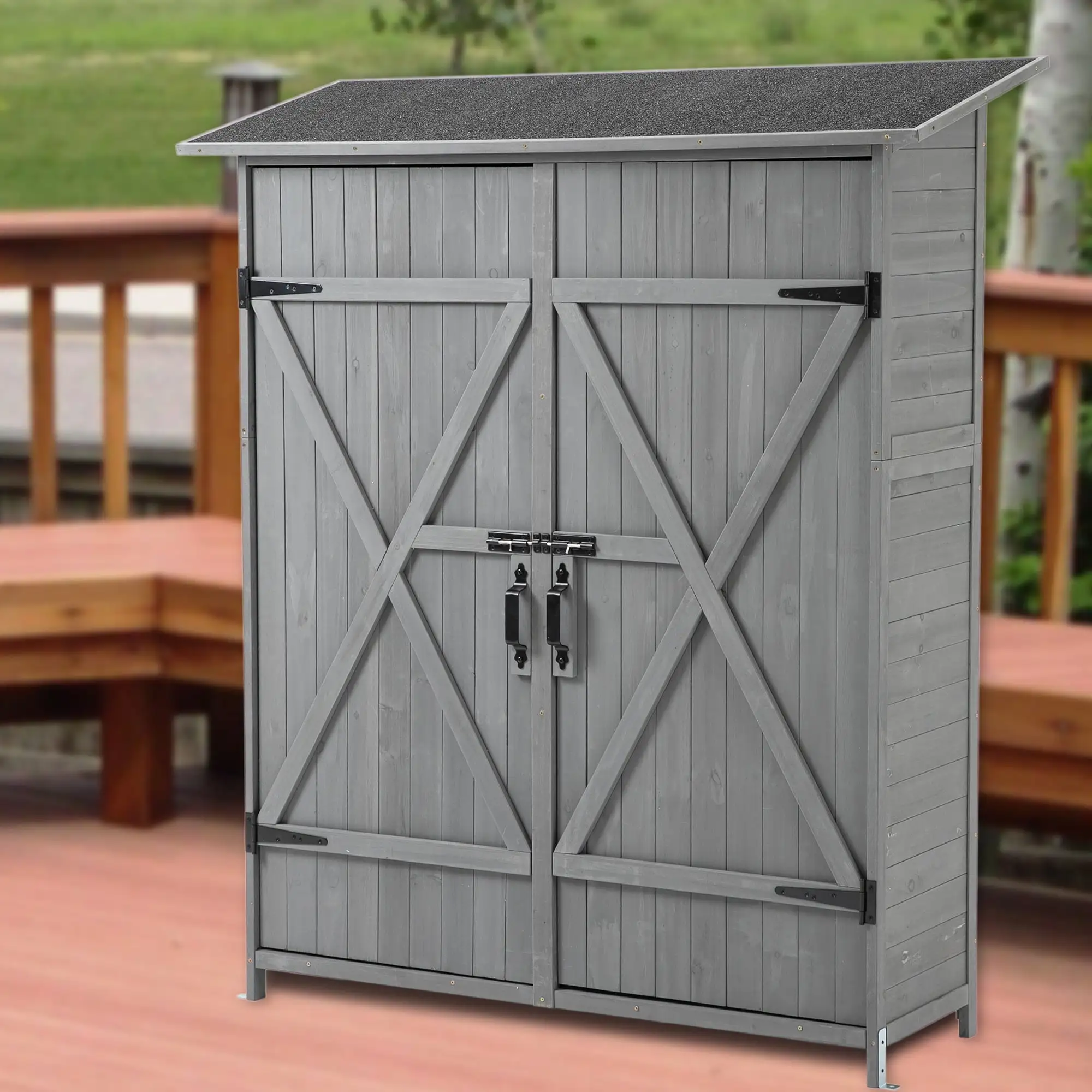 56L X 19.5W X 64H Outdoor Storage Shed With Lockable Door. Wooden Tool Storage Shed W/Detachable Shelves & Pitch Roof.Gray