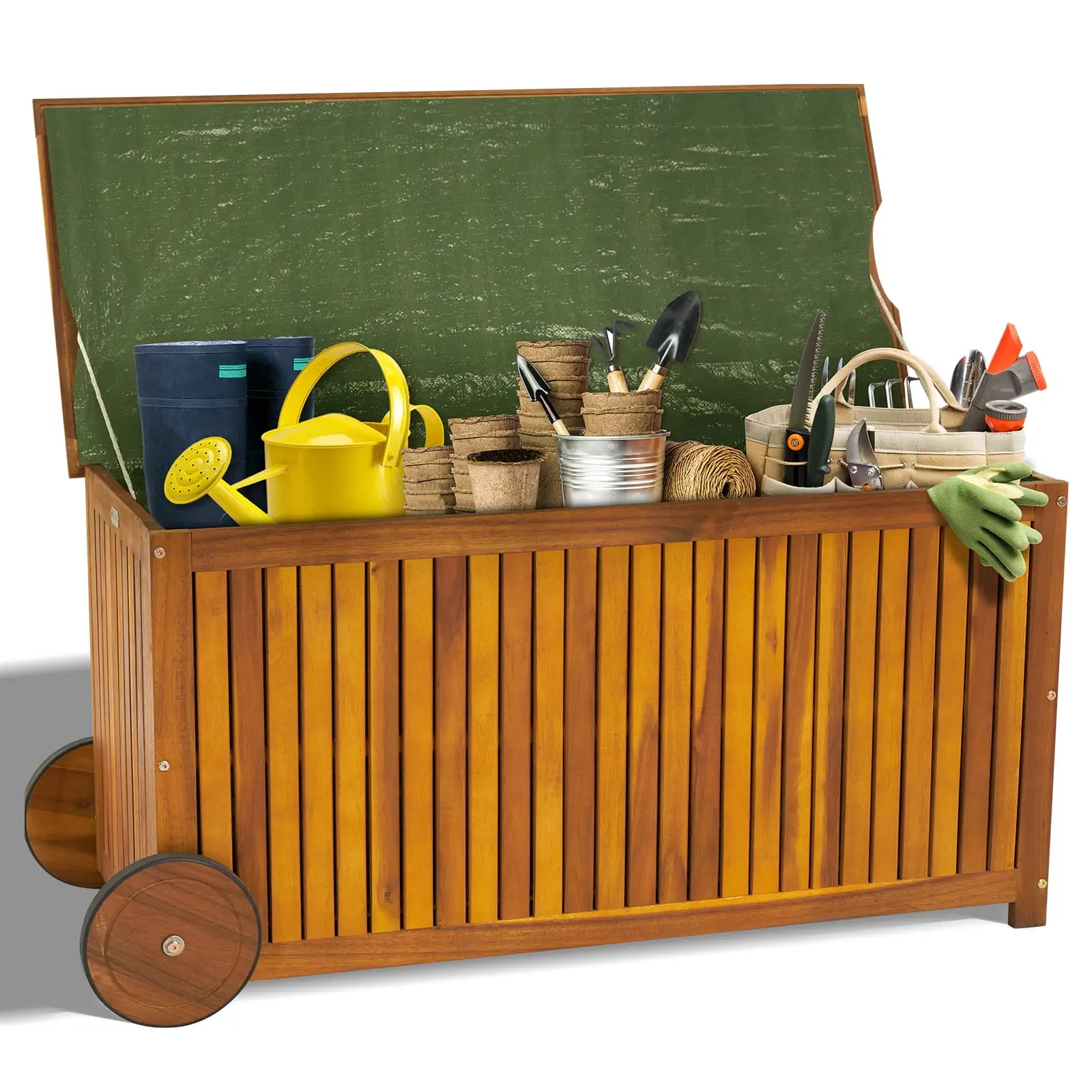 57 Gallon Outdoor Wood Storage Container with 2 Wheels. Garden Storage Bench and Pool Deck Box. Natural Wood Color - Ideal for Patio. Yard. or Poolside Storage