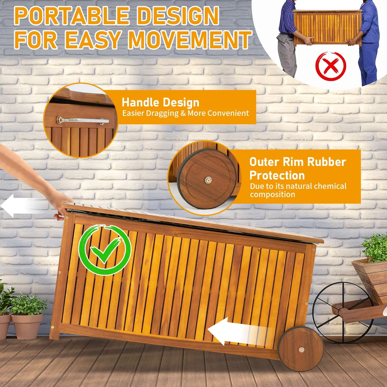 57 Gallon Outdoor Wood Storage Container with 2 Wheels. Multifunctional Garden Bench Deck Box. Natural Wood Color - Ideal for Indoor and Outdoor Storage