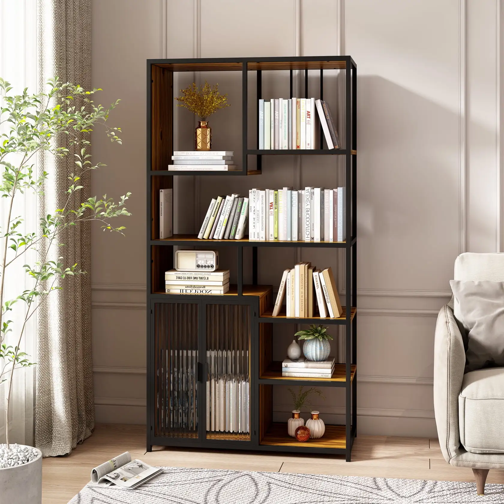 5Tier Bookshelf Storage Rack. Bookcase Storage Shelves with Enclosed Storage Cabinet. Display Storage for Living Room. Home Office. Kitchen. Black+Brown