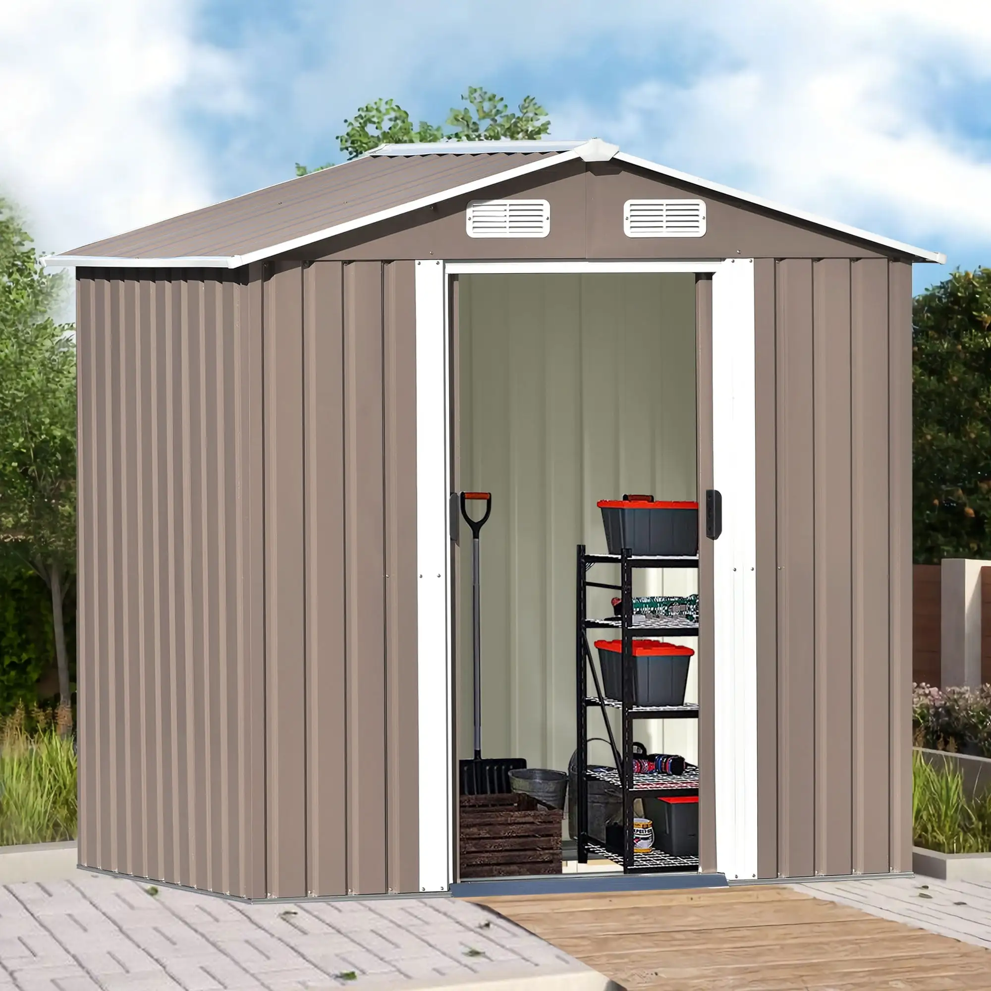 Outdoor Furniture Sets 6ft x4ft Metal Storage Shed with Lockable Door. Bike Shed Garden Shed Tool Cabinet with Vents and Foundation for Backyard. Lawn. Garden. Brown