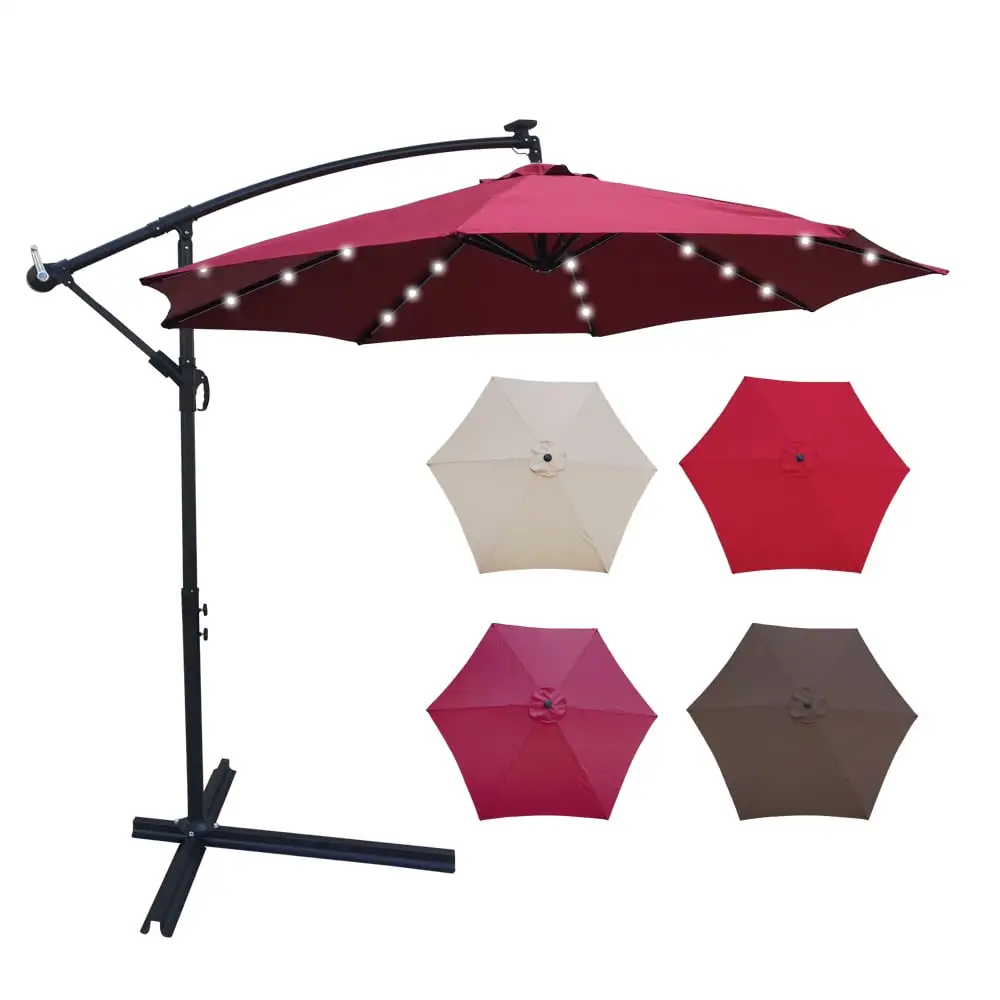 Branax Patio Umbrella. 10 FT Offset Patio Umbrella with Solar Lights. Base. Crank and Push Button Tilt. Outdoor Patio Umbrella. Sunbrella Patio Umbrellas for Garden. Backyard. Outdoor Pool (Burgundy)