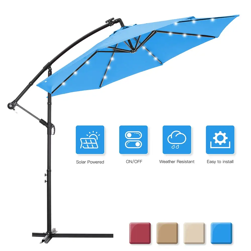 Private Jungle 10 FT Solar LED Patio Outdoor Umbrella Hanging Cantilever Umbrella Offset Umbrella Easy Open Adustment with 32 LED Light.Blue