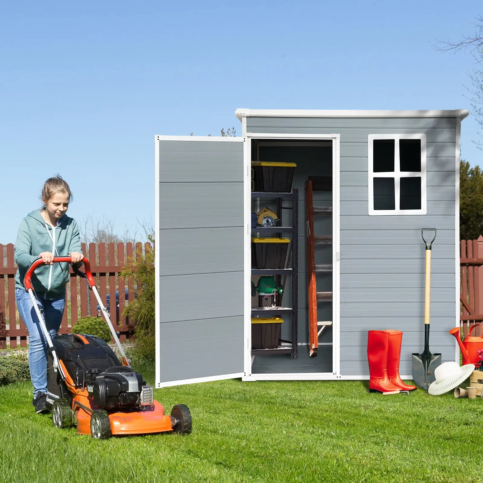 5x3FT Outdoor Metal Storage Shed. Waterproof Resin Outdoor Storage Shed with Lockable Door & Sloping Roof. Tool Storage Shed with Window & Floor. Vertical Plastic Outside Sheds for Backyard. Lawn