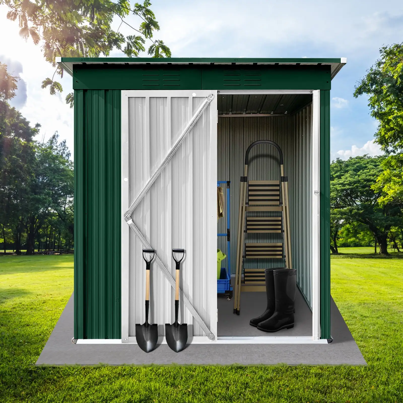 5x4 FT Outdoor Storage Shed. Metal Tool Sheds Heavy Duty Storage House with Lockable Doors & Air Vent for Backyard Patio Lawn to Store Bikes. Tools. Lawnmowers. Green&White