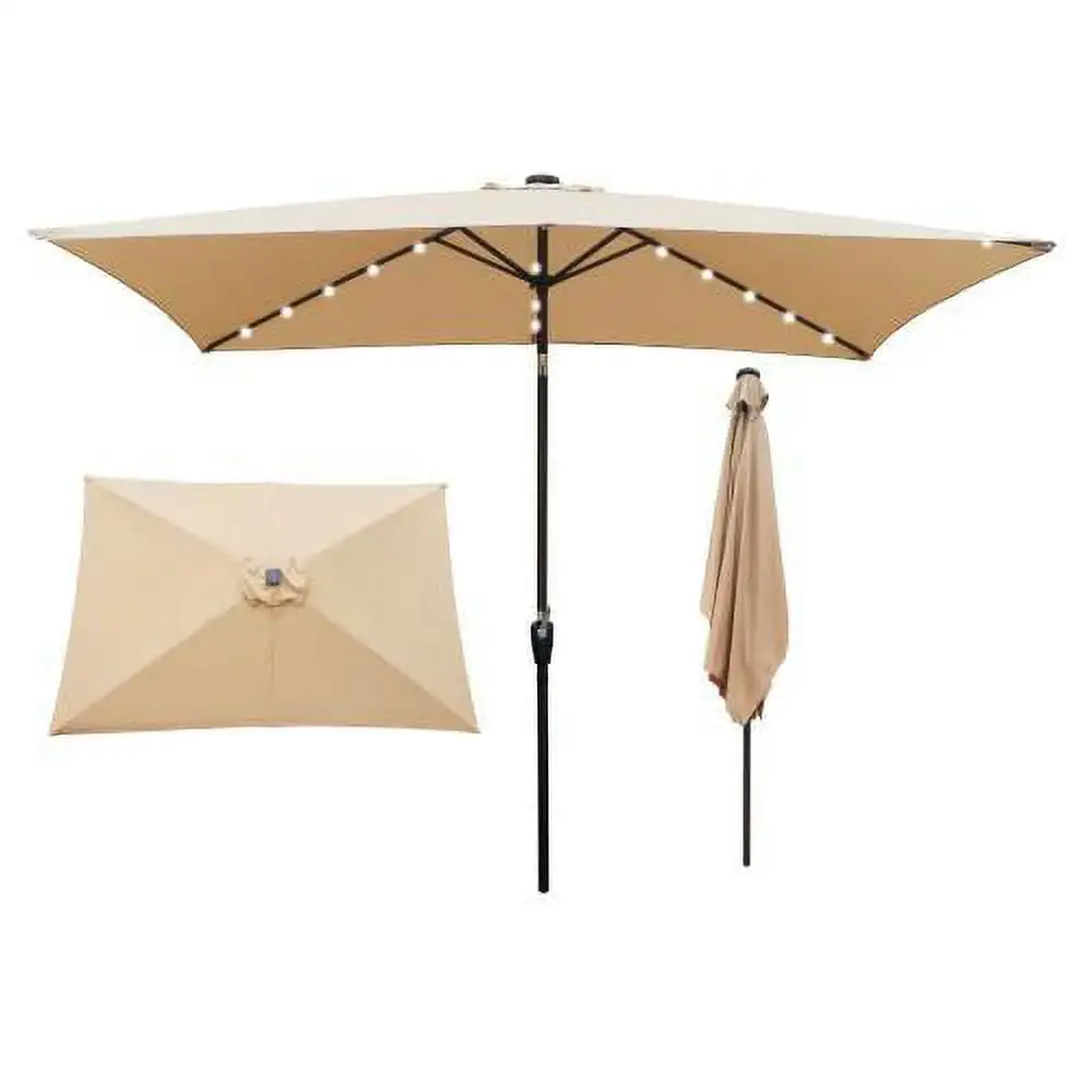 6.5??10 ft Rectangular Patio Umbrella with Solar Lights Outdoor Table Umbrella with Push Button Tilt & Crank 6 Sturdy Ribs for Market Deck Backyard. Red