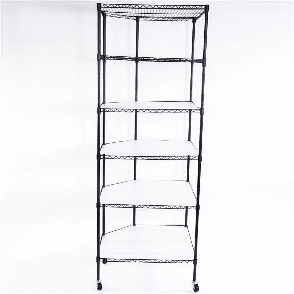 6-Layer Plastic Coated Polygonal Corner Shelf with 2 PP Wheels 680*680*1800 Black