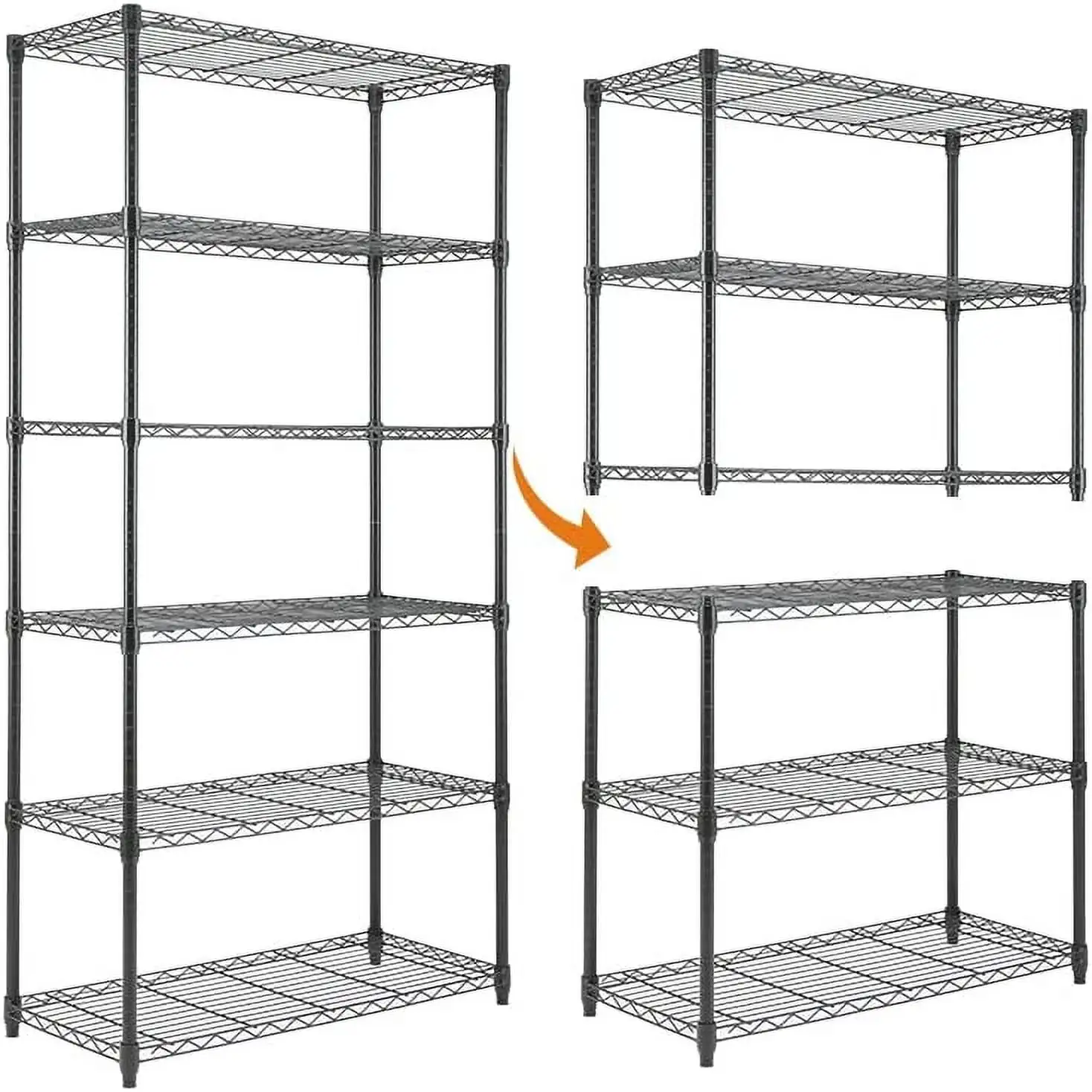 6-Shelf Shelving Unit. Changeable into 2 of 3-Shelf Units. Adjustable Heavy Duty Steel Wire Shelves. 350 lbs Loading Capacity Per Shelf (71.5 H. 36 W. 16 D)