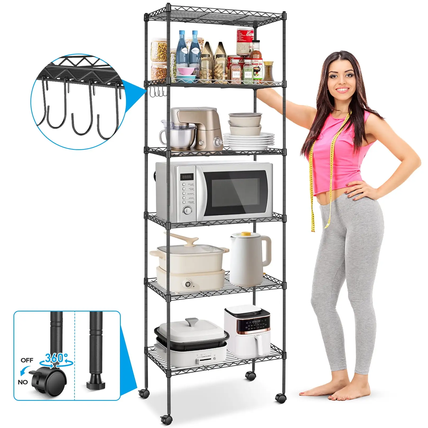 6-Tier Shelf Rack Wire Shelving Unit Storage Height Adjsutable Metal Shelf with 4 Side Hooks. 260lbs Capacity Free Standing Rack Organization for Kitchen Bedroom Garage