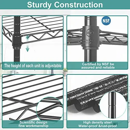 6 Tier Wire Rack Storage Shelves Wire Shelving Unit with Wheels Heavy Duty NSF Utility Steel Shelves Height Adjustable Kitchen Garage Shelf Racks. 82x 48x 18. Black