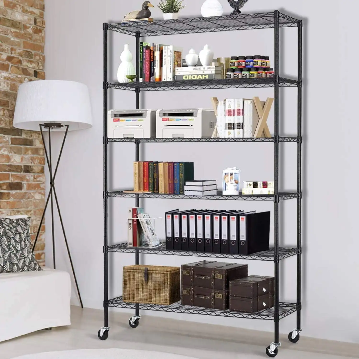 6 Tier Wire Shelving Storage Metal Shelf Standing Shelf Units NSF Heavy Duty Height Adjustable Garage Shelving 48 x 18 x 82with Wheels/Feet Levelers 2100 Lbs Capacity Commercial Shelving Black